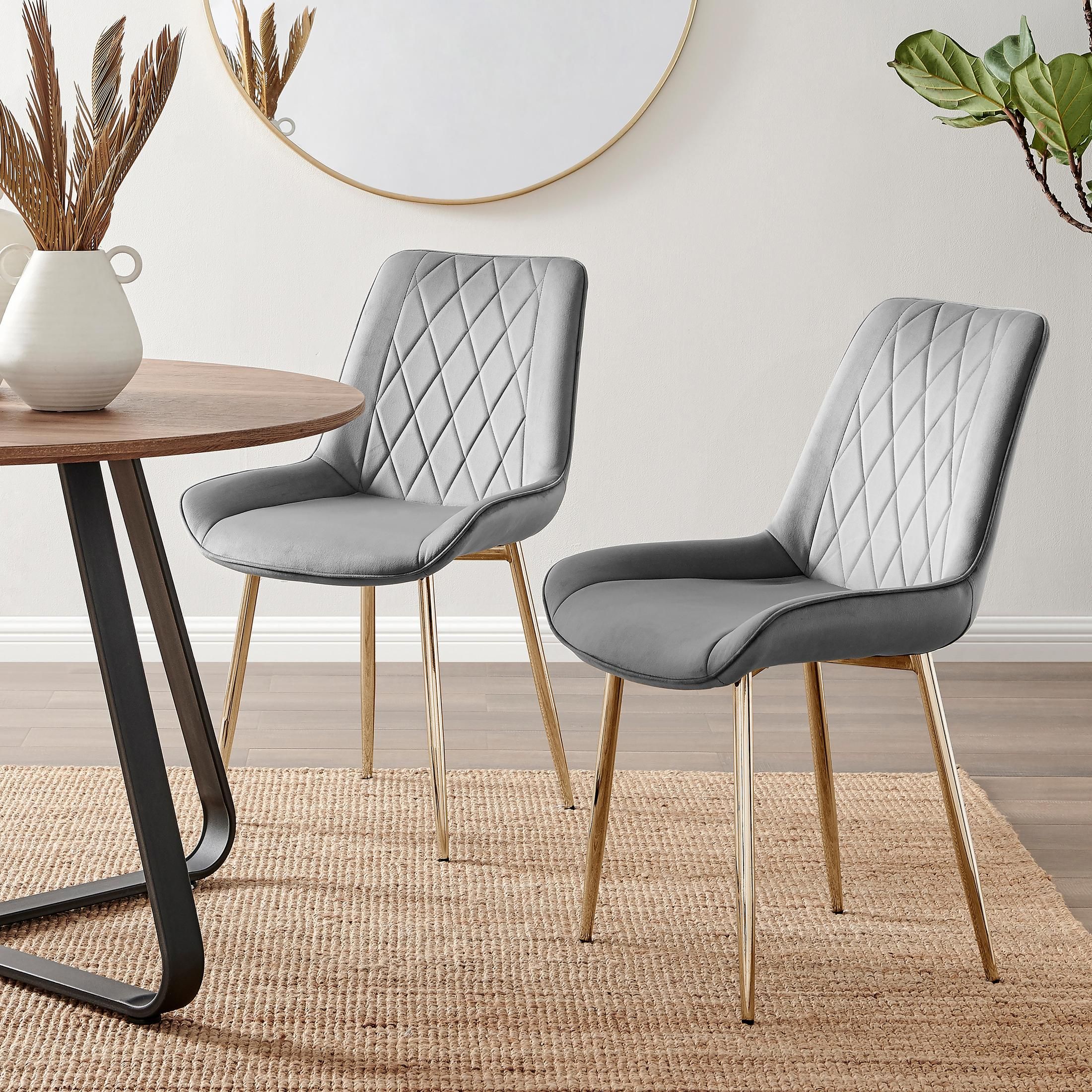 FurnitureboxUK Set of 2 Pesaro Luxury Soft Touch Diamond Pattern Velvet Dining Chairs With Gold Chrome Metal Legs in Grey