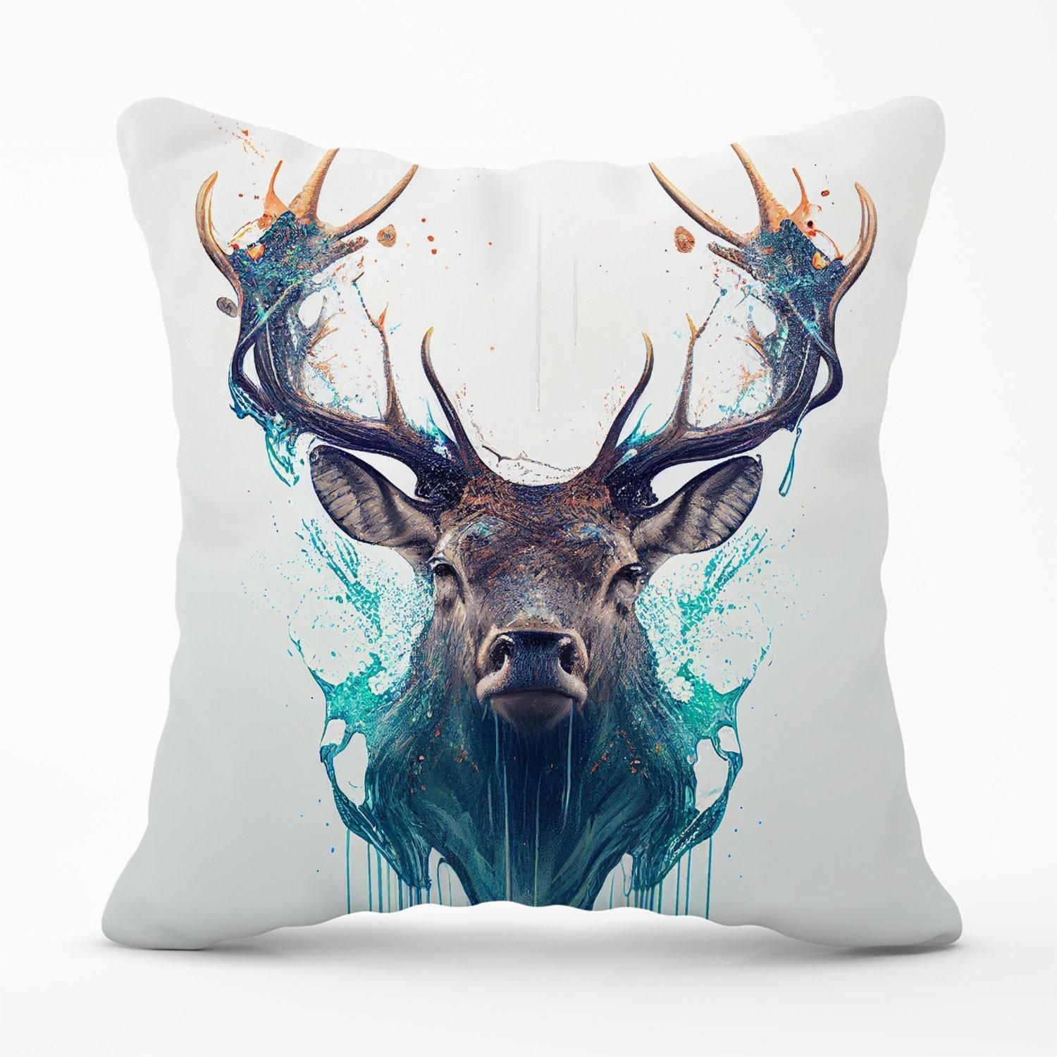 Warren Reed - Designer Stag Face Splashart Outdoor Cushion in White