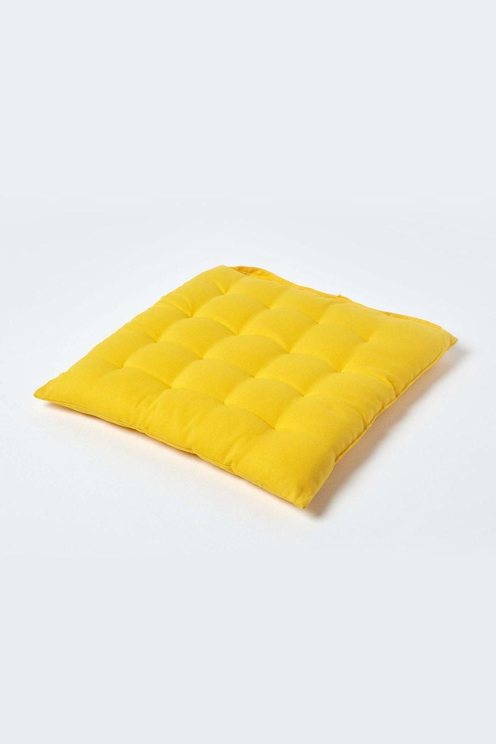 Homescapes Seat Pad Luxury 100% Cotton Indoor Outdoor Garden Cushion, Button Tie, 40cm in Yellow