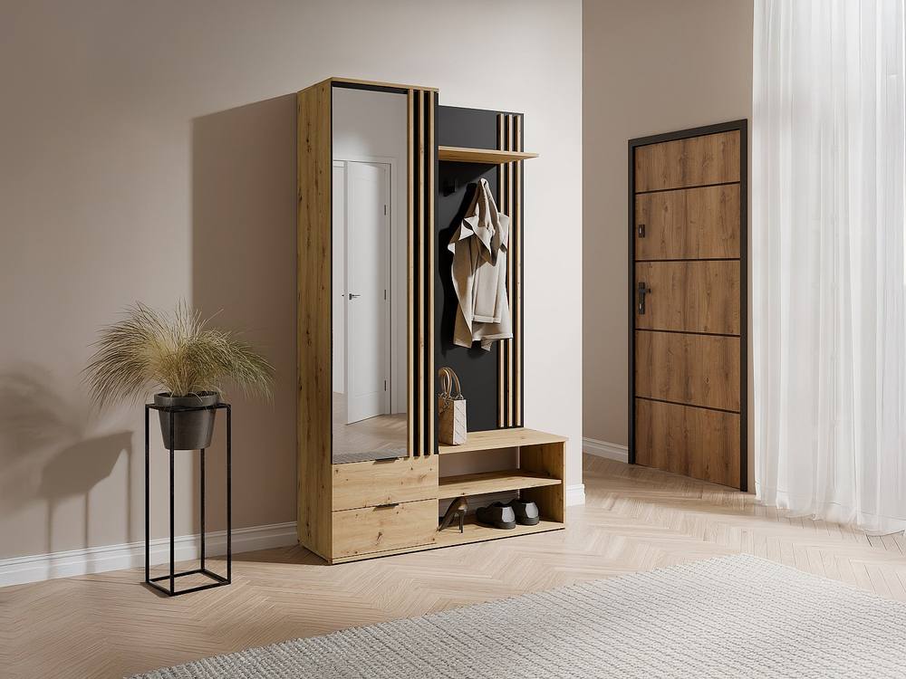 Vente-unique Wardrobe With Mirror & Storage - Natural & Black - JANAKIA