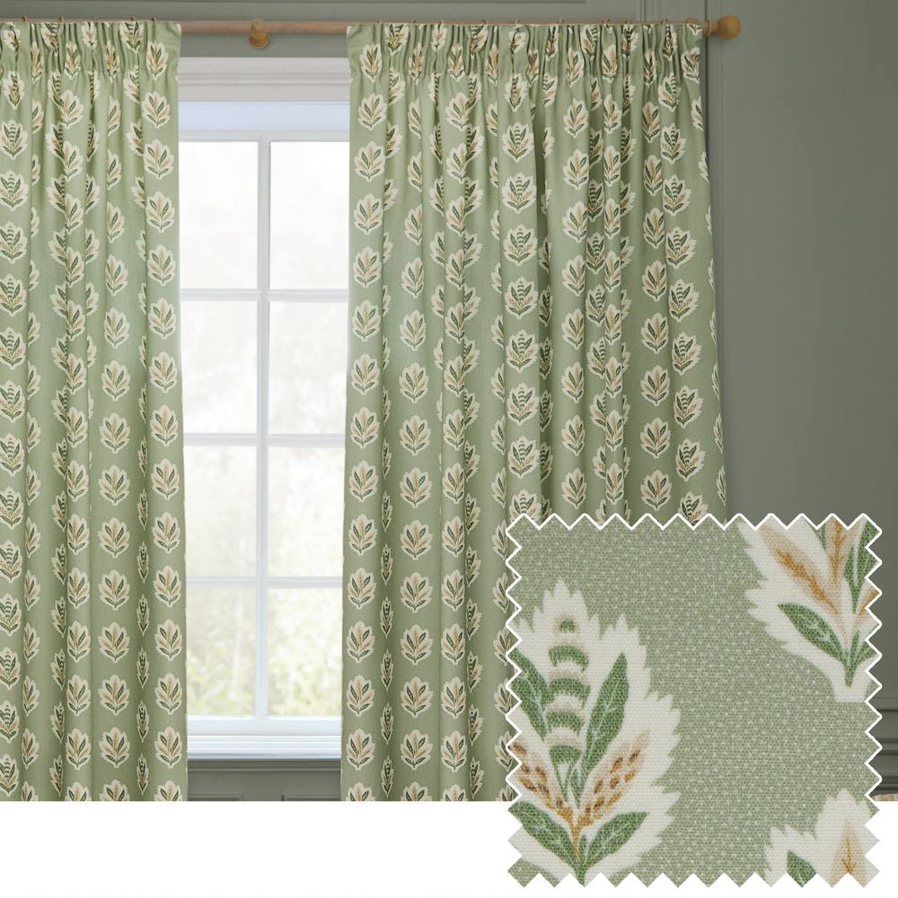 Sanderson Sessile Leaf Printed Room Darkening Pencil Pleat Curtains in Light Green