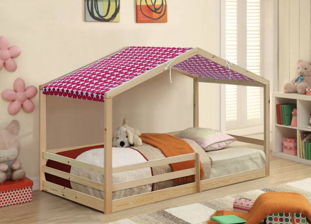 Comfy Living Ltd 3ft Wooden House Bed With Pink Tent in Natural