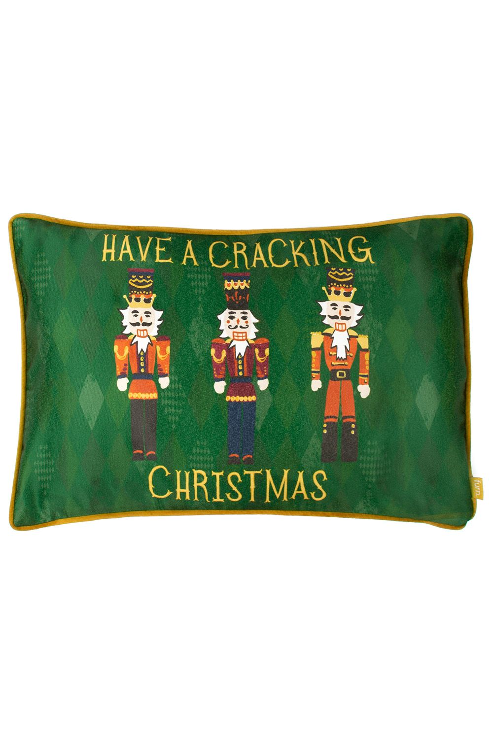 Furn Nutcracker Cracking Christmas Printed Piped Velvet Cushion in Green