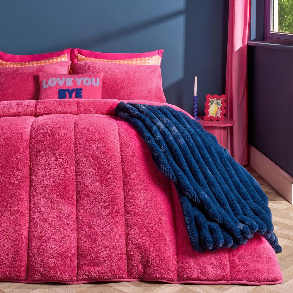 OHS Teddy Fleece 10.5 TOG Coverless Duvet with Pillowcase Bedding Set in Bright Pink