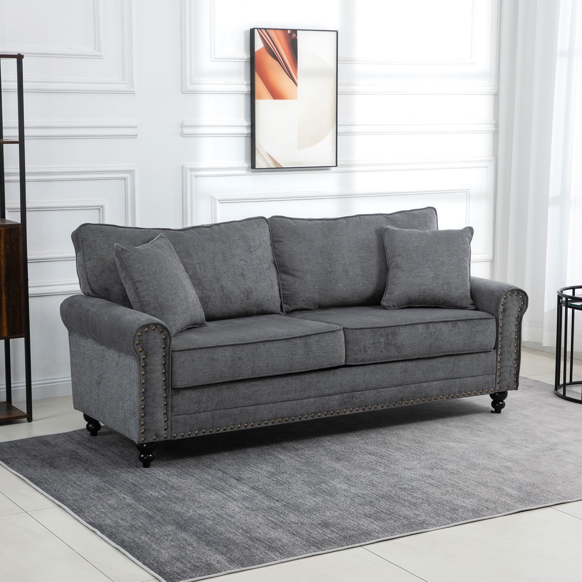 HOMCOM 3 Seater Sofas Fabric Sofa with Nailhead Trim Cushions & Throw Pillows in Grey
