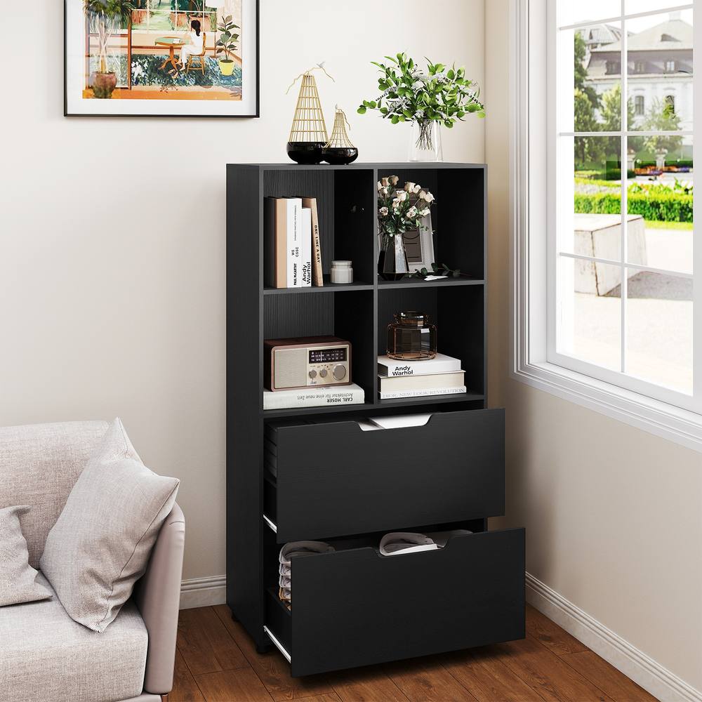 Costway 5-Tier Bookcase w/2 Drawers & 4-Cubes Tall Bookshelf Display Rack in Black