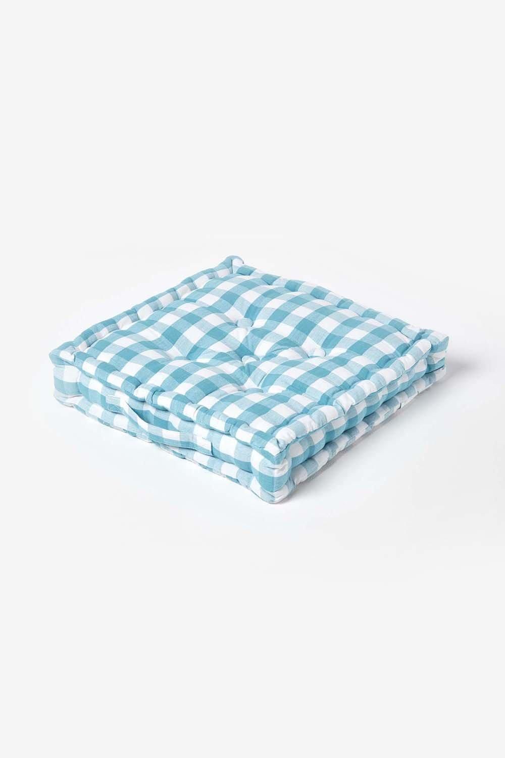 Homescapes Block Check Cotton Gingham Floor Cushion in Blue