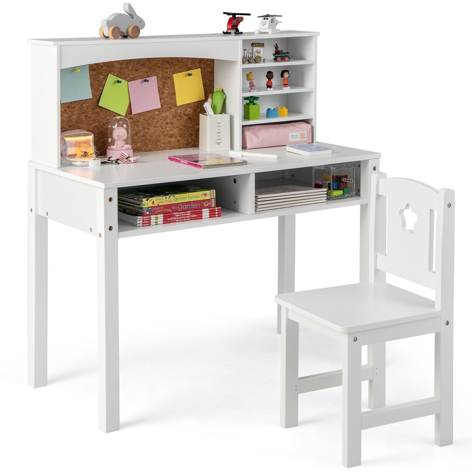Costway Desk & Chair Set Wooden Study Table &Chair Writing Table Set in White