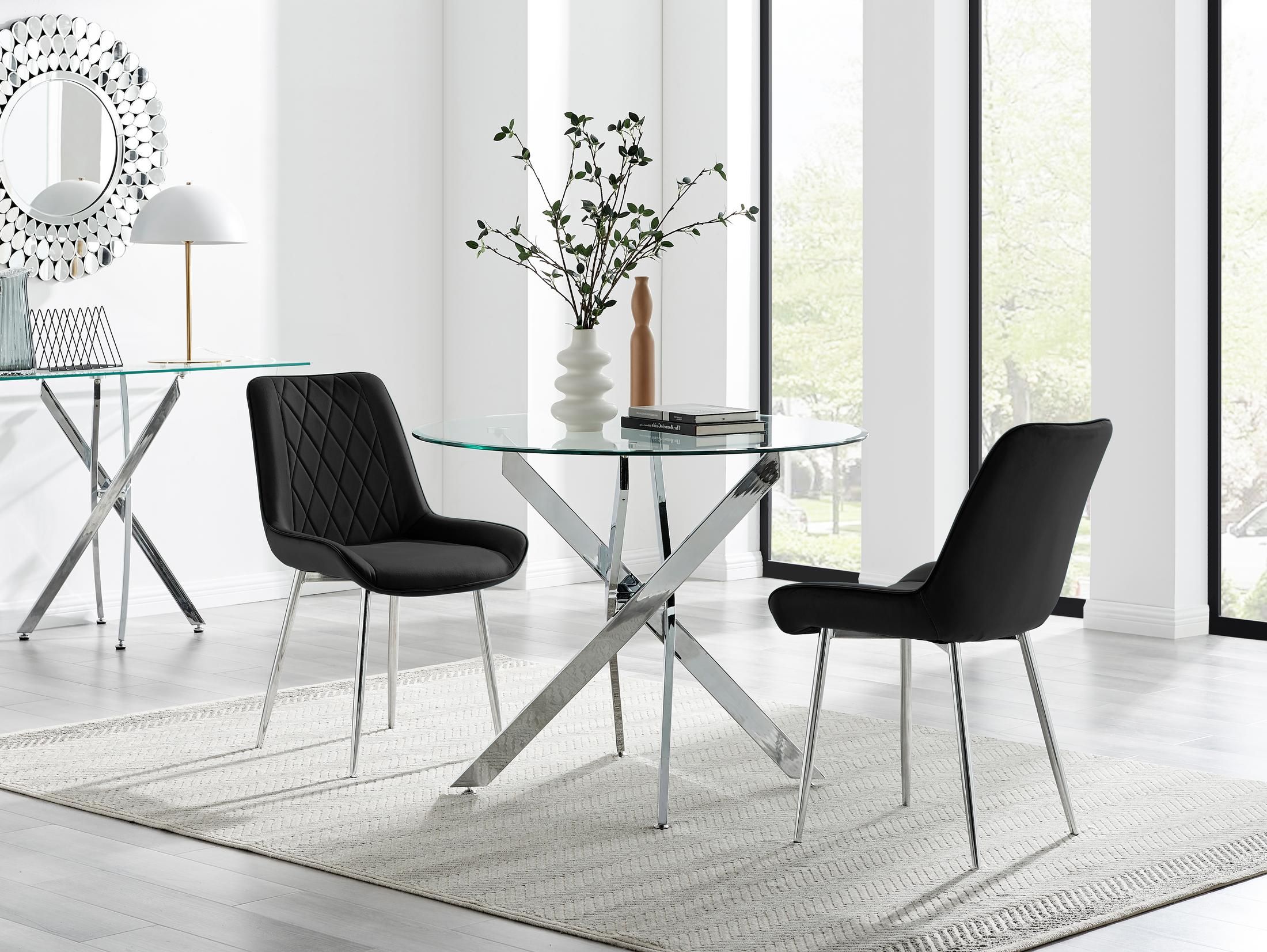 FurnitureboxUK Novara 100cm Round Dining Table & 2 Pesaro Silver Leg Chairs in Black