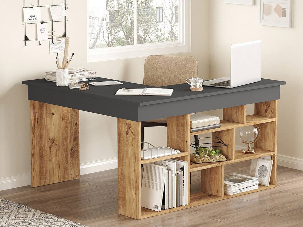 Vente-unique Corner Desk With Storage - Colour: Anthracite & Natural - LILEUL in Grey