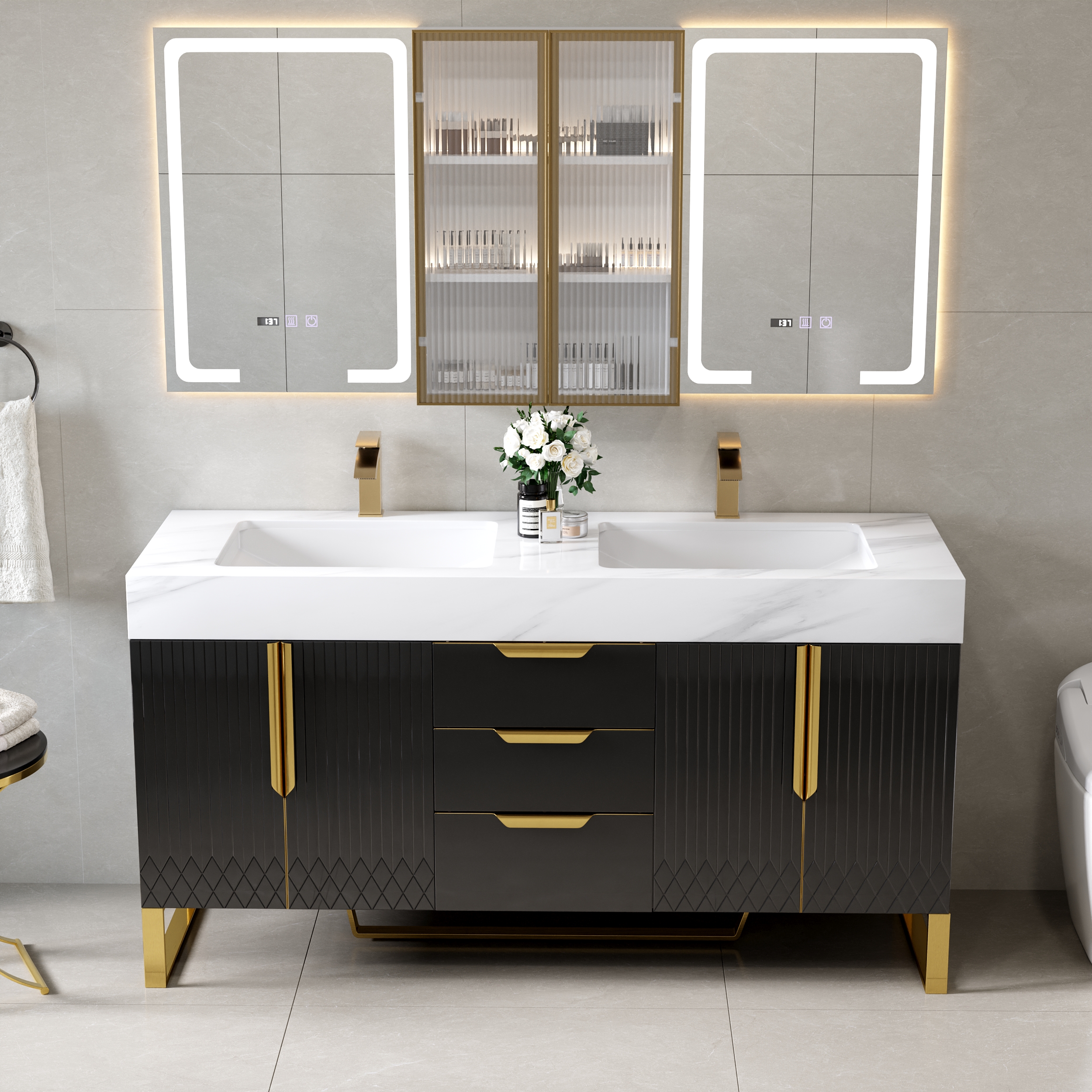 59" Double Sink Freestanding Vanity Set with LED Medicine Cabinet with Storage