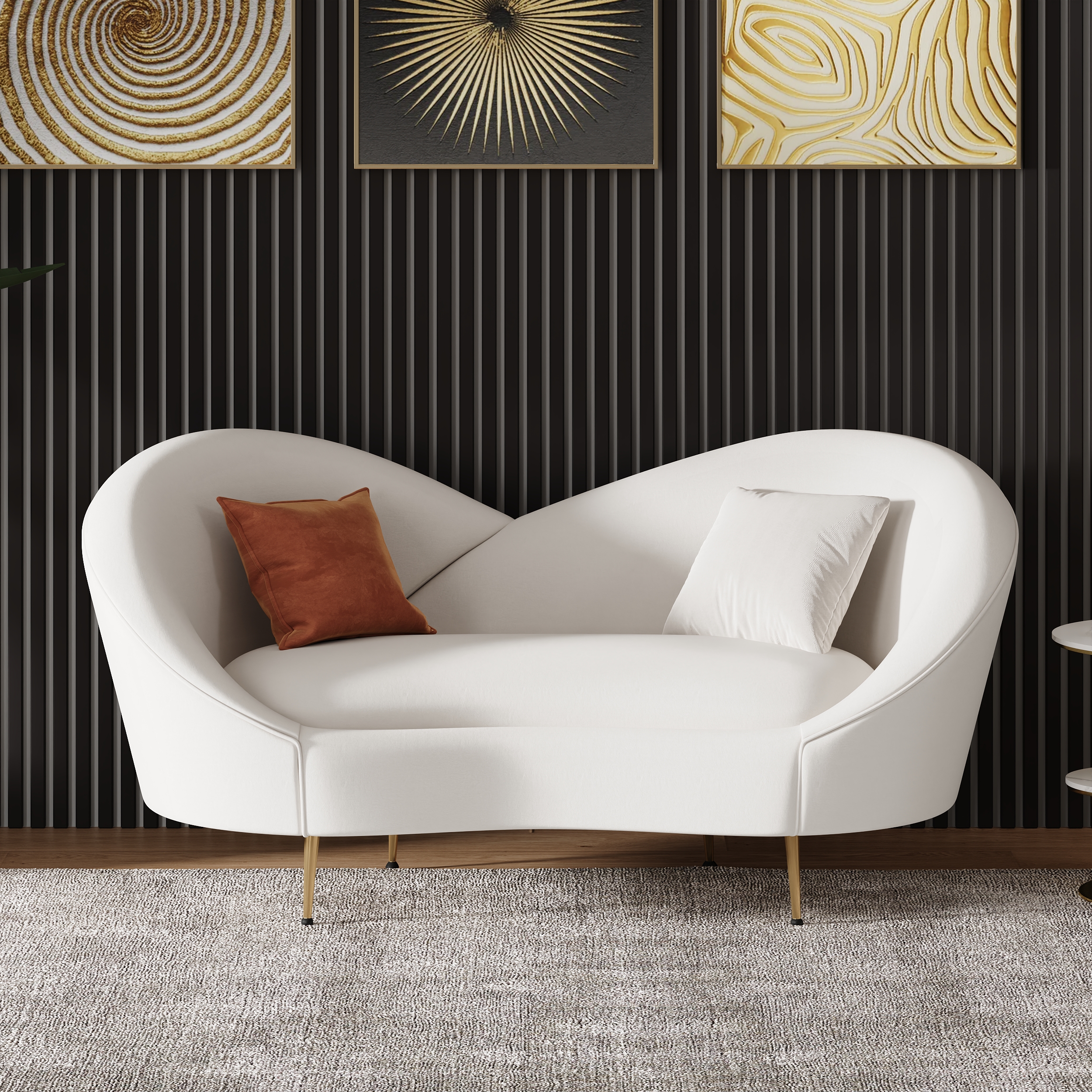 160 cm Modern White Velvet Upholstered Large 2-Seater Curved Sofa