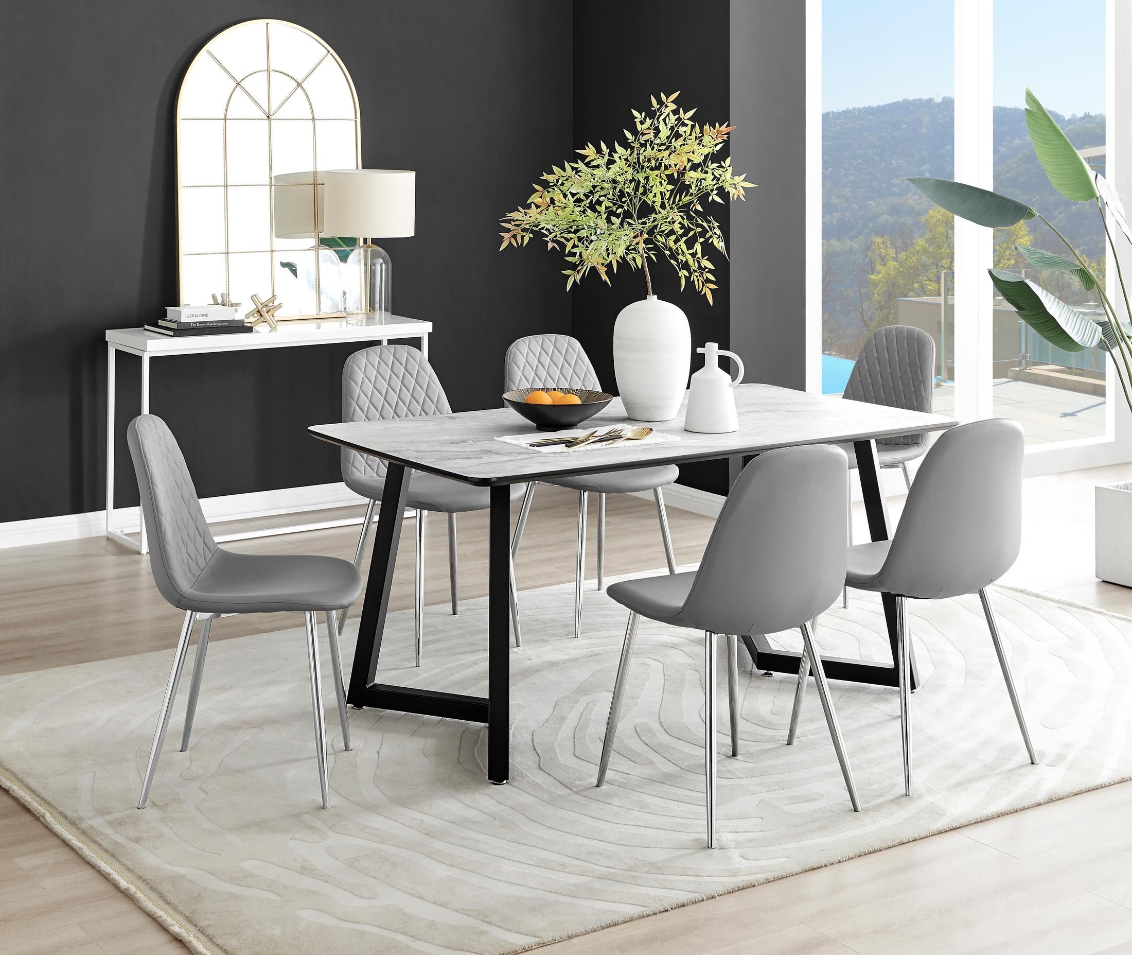 FurnitureboxUK Carson White Marble Effect Dining Table & 6 Corona Silver Chairs in Grey