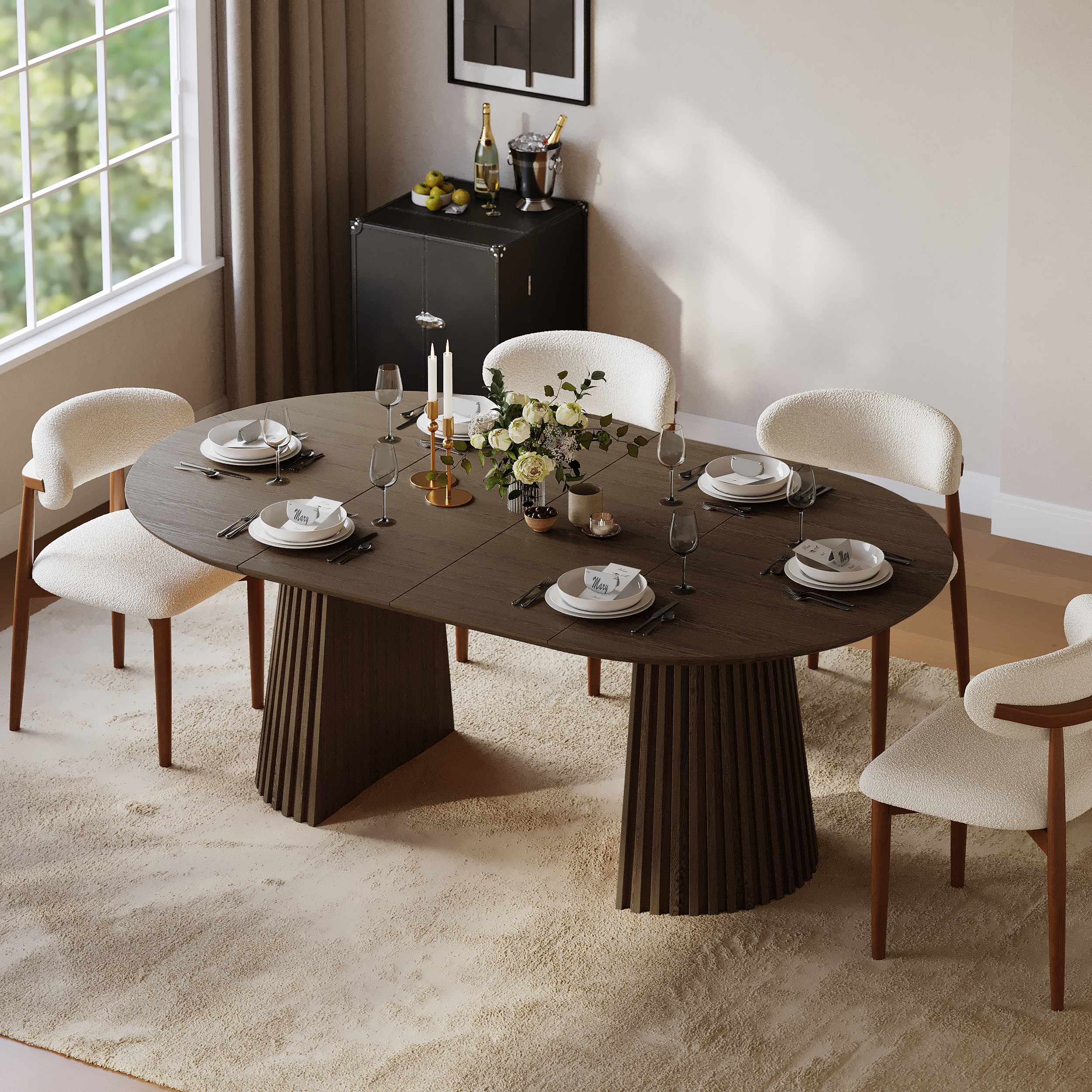 Modern 120 - 200 cm Extendable Smoky Brown Wood Dining Table with Fluted Base, Seats 4-6