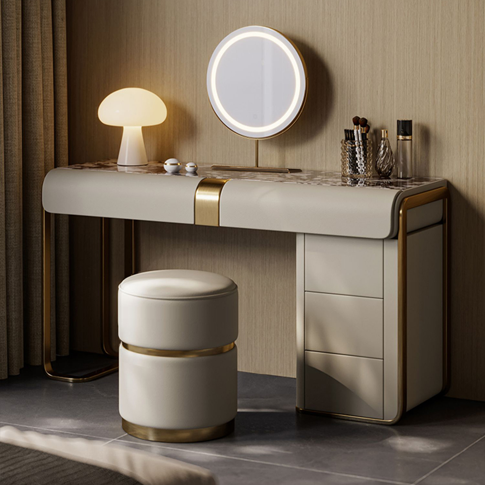 modern grey dressing table set with cabinet, dressing table with mirror and stool