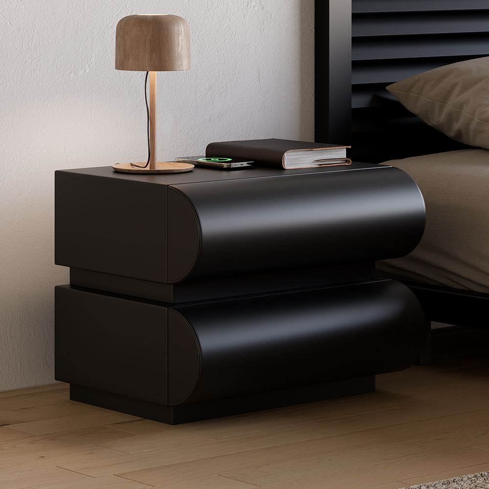 Modern Black Leather Smart Nightstand with Wireless Charger 2 Drawers Bedside Table with USB & Type-C Ports Set of 2