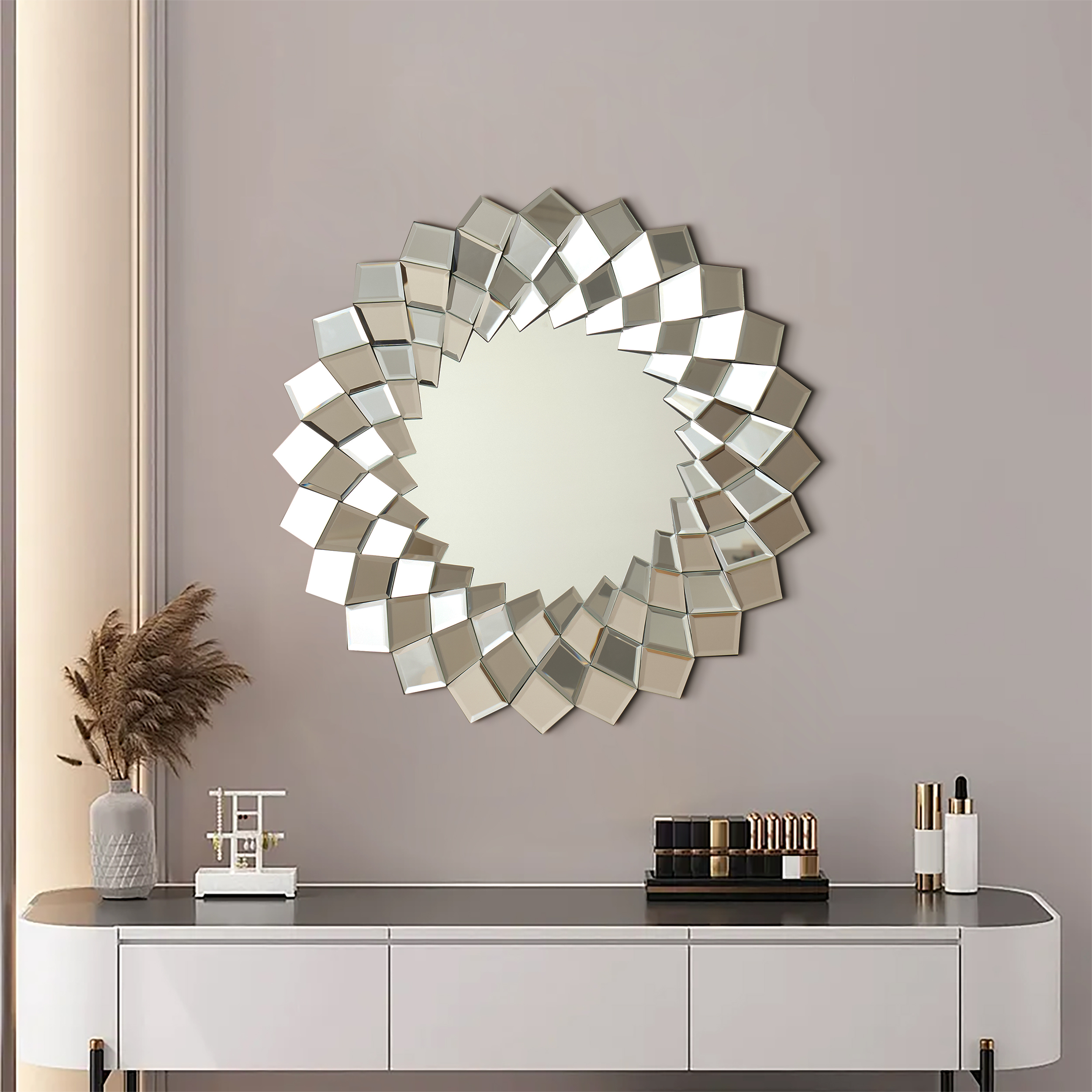 60 cm Diamond-Shaped Wall Mirror, Silver Round Decorative Mirror