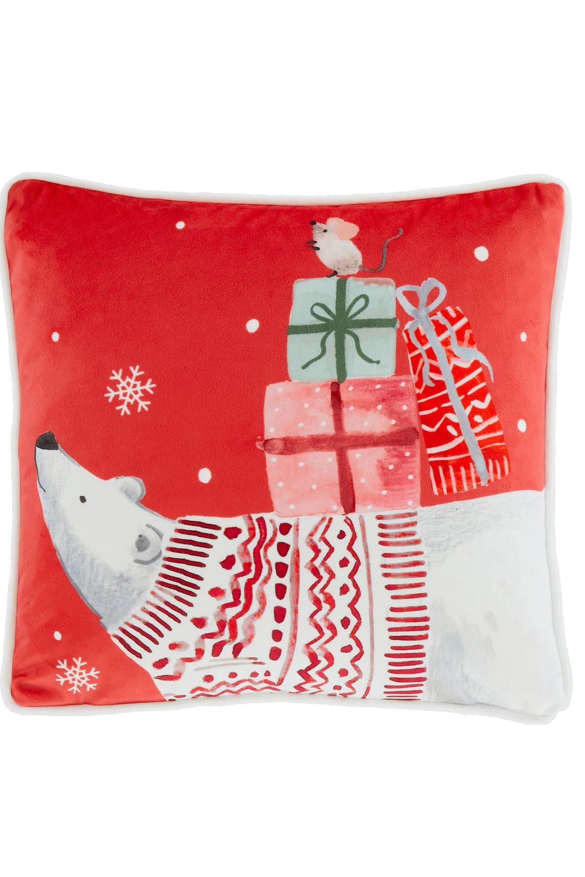 Fusion 'Christmas Woodland Animals' Velvet Filled Cushion in Red