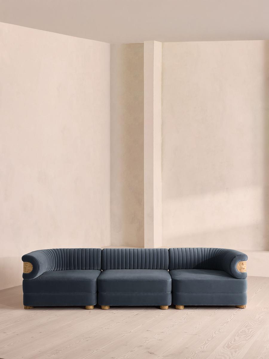 Caleb Modular Four Seater Sofa, Velvet, Grey Blue, Blonde Burl
