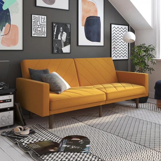 Paxson Linen Sofa Bed In Mustard With Wooden Feets
