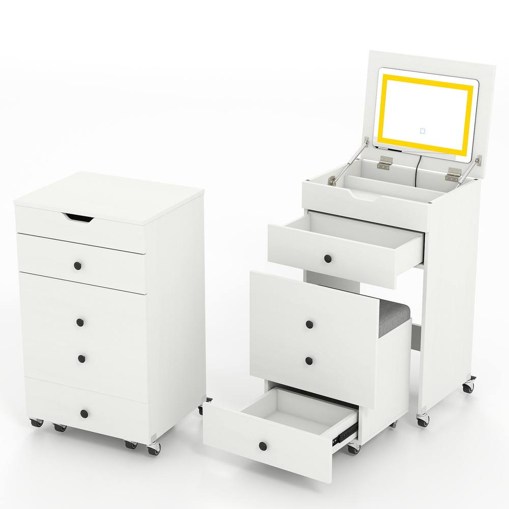 Costway 3-in-1 Vanity Desk Set w/Flip-top Mirror & Lights Makeup Table w/Stool in White
