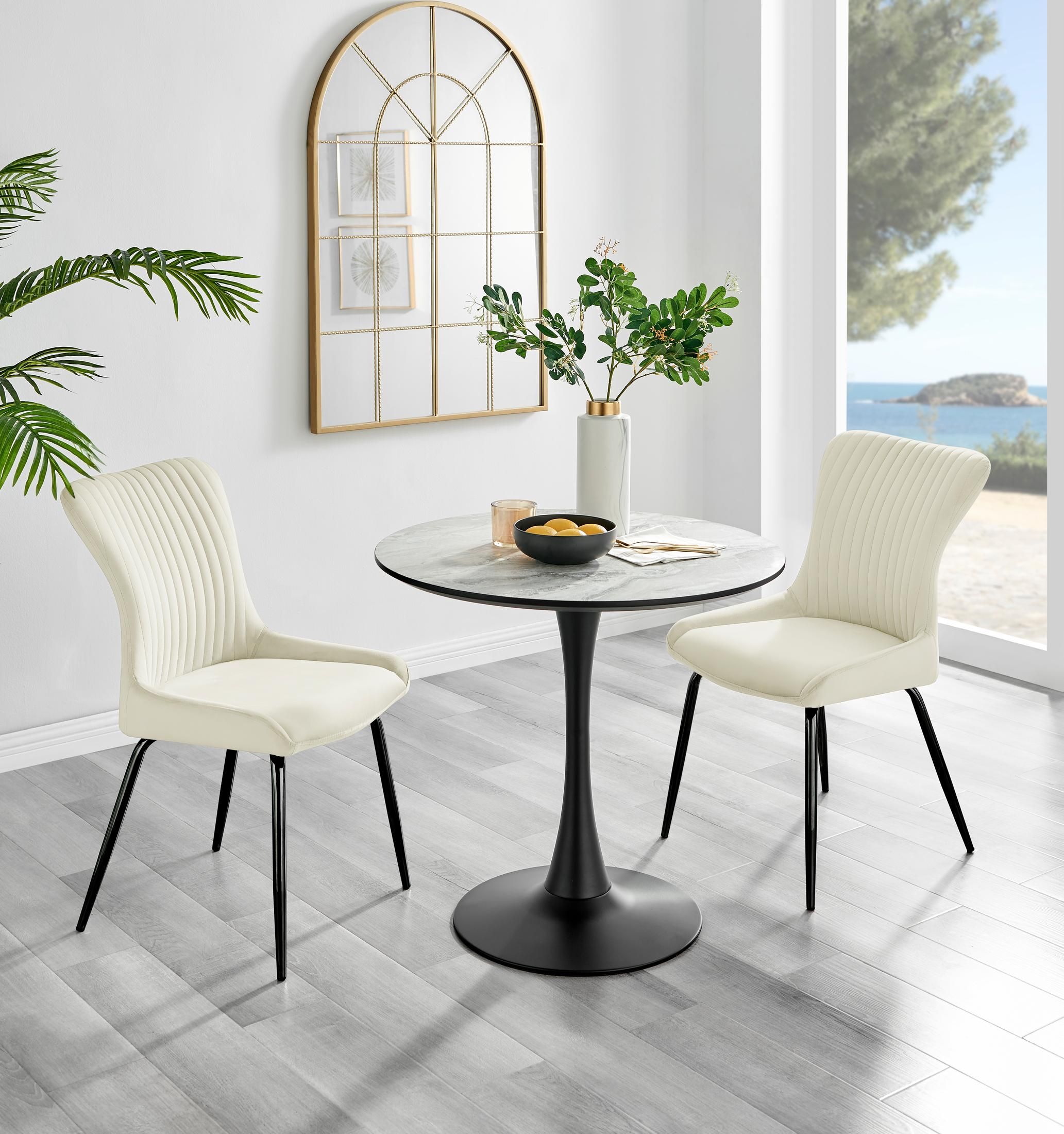 FurnitureboxUK Elina White Marble Effect Scratch Resistant Dining Table & 2 Nora Black Leg Velvet Chairs in Cream