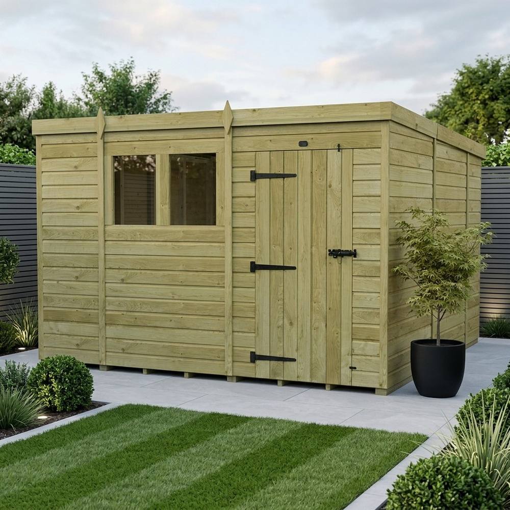 Buttercup Farm 10ft x 10ft Pent Garden Shed Single Door With Windows - Timber in Brown 2