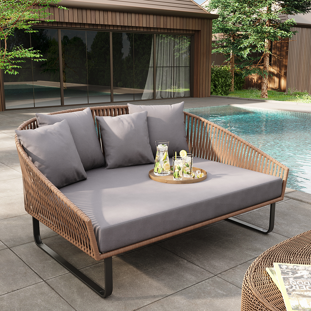 160 cm Rattan Outdoor Daybed with Grey Cushion Pillow Aluminum Frame