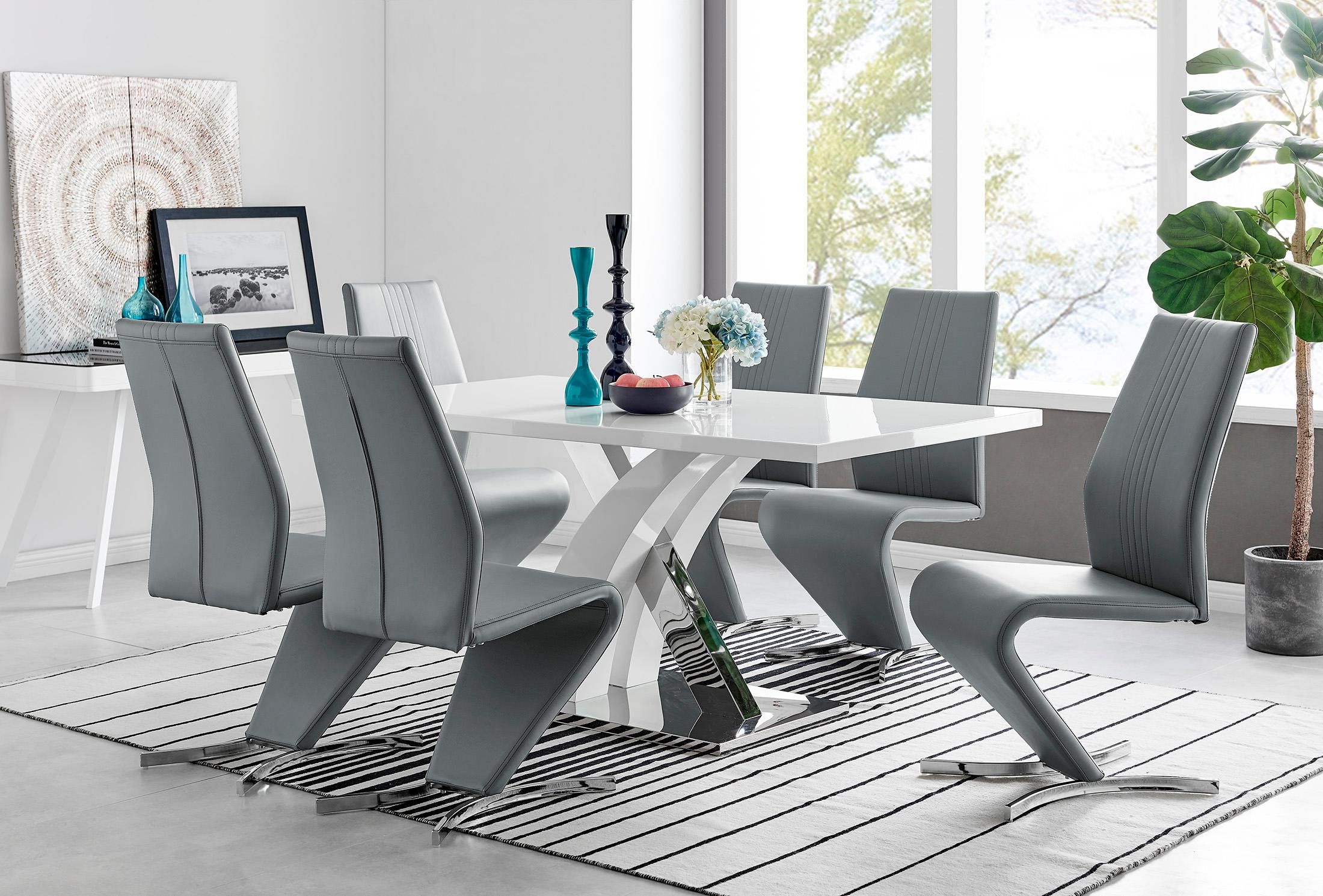 FurnitureboxUK Atlanta Modern Rectangle Chrome Metal High Gloss White Dining Table & 6 Willow Chairs Set in Grey