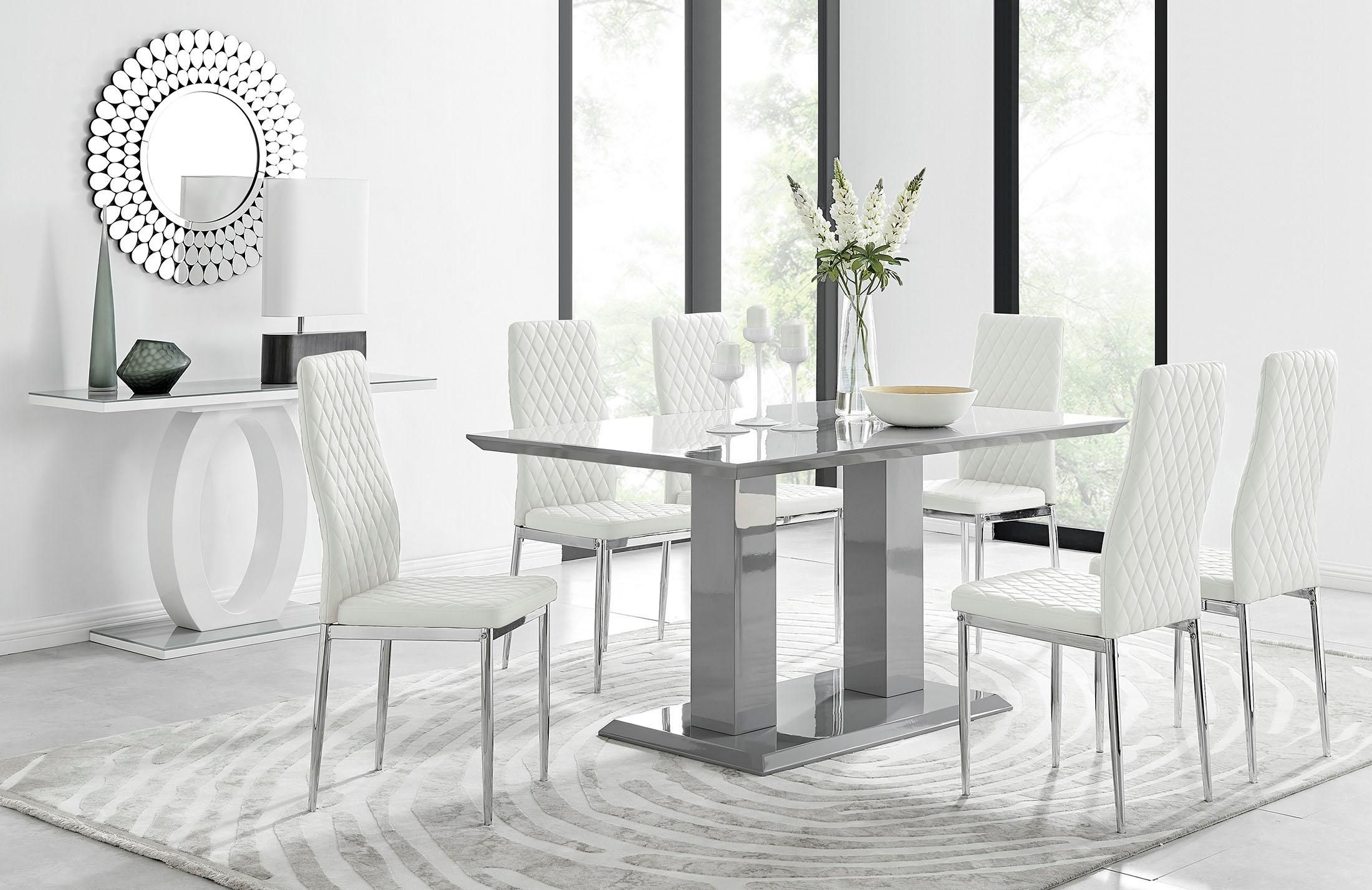 FurnitureboxUK Imperia Grey Modern High Gloss Dining Table & 6 Milan Dining Chairs Set in Off-White