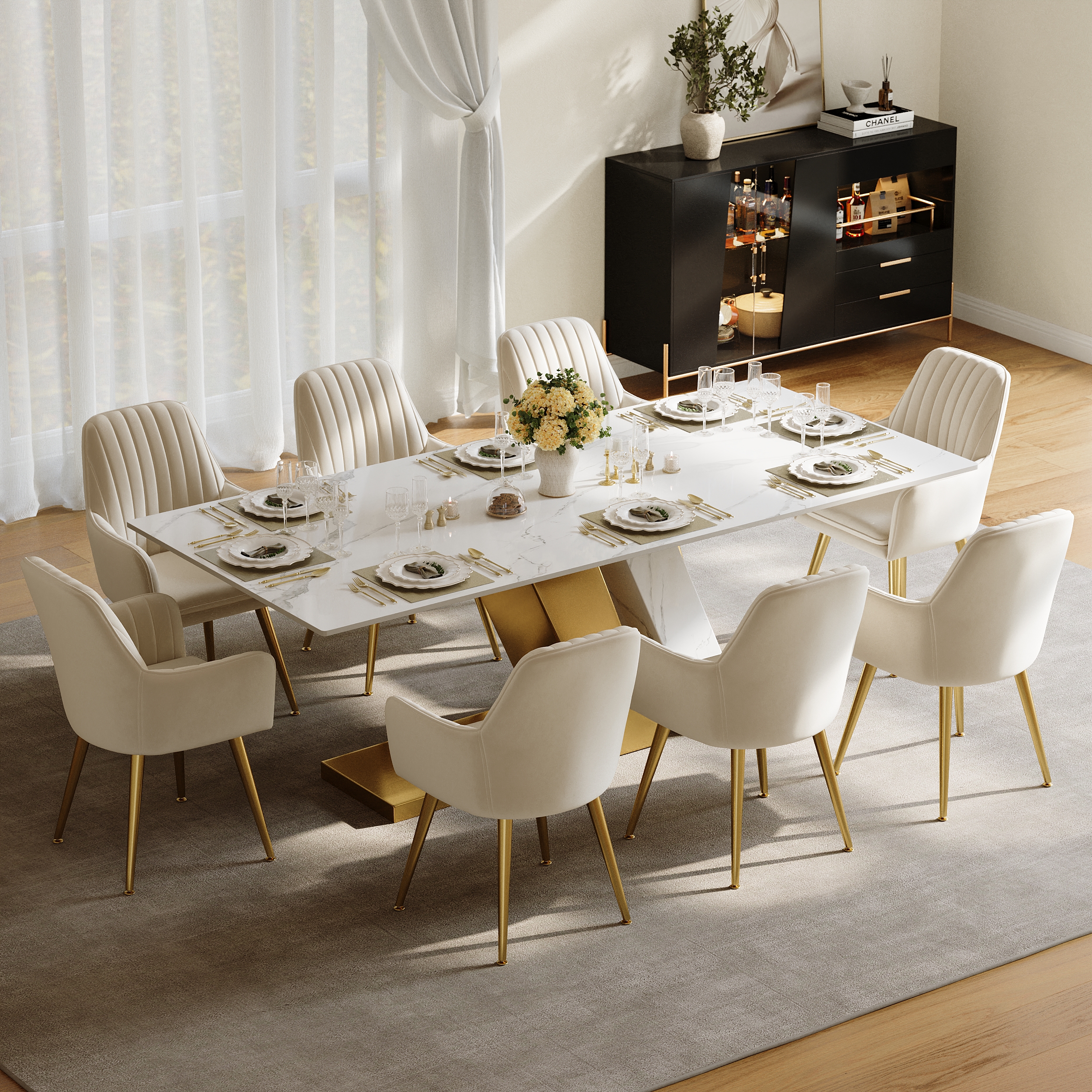 Dining Set 87" Modern Rectangle Sintered Stone Dining Table with 8 Chairs