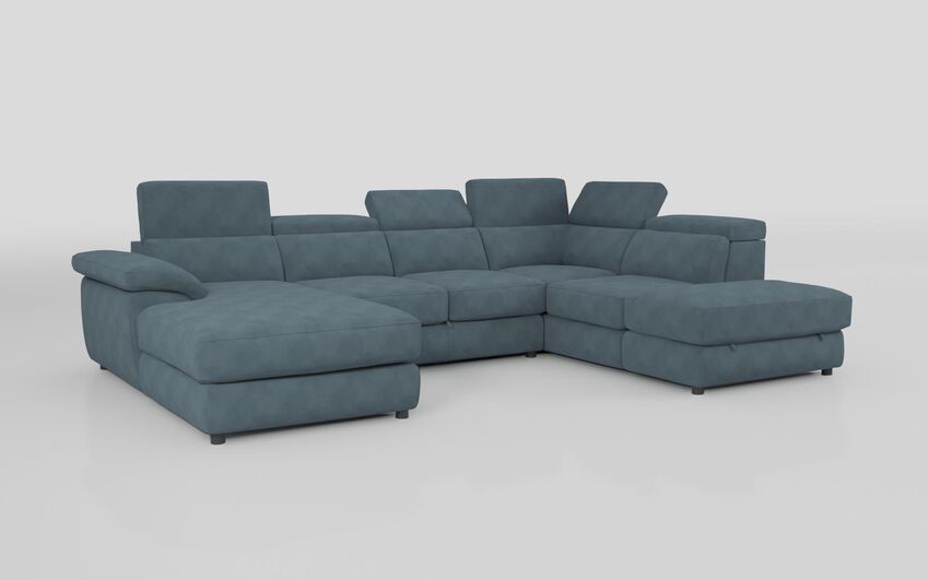Blue Fabric Norbello Corner Sofa Bed with Right Hand Facing Chaise and Left Hand Facing Storage Lounger and Otto