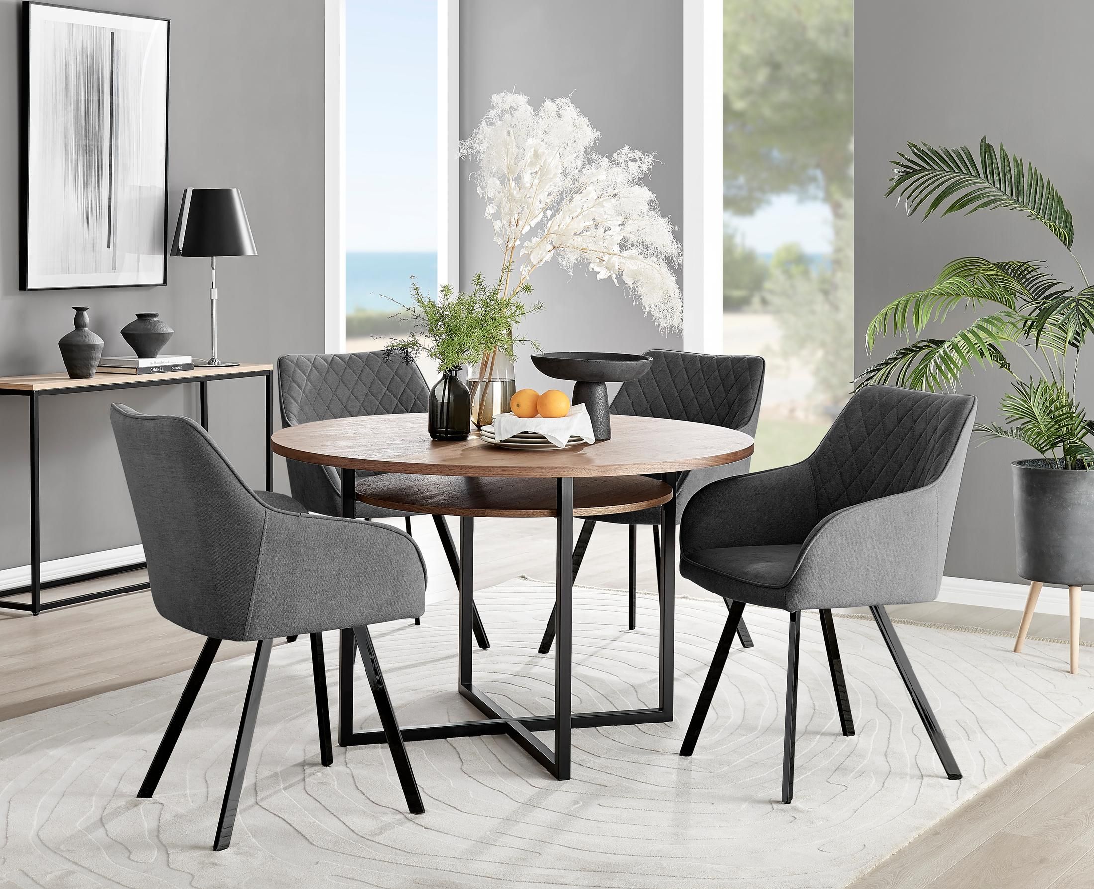FurnitureboxUK Adley Brown Wood Storage Dining Table & 4 Falun Black Leg Chairs in Dark Grey