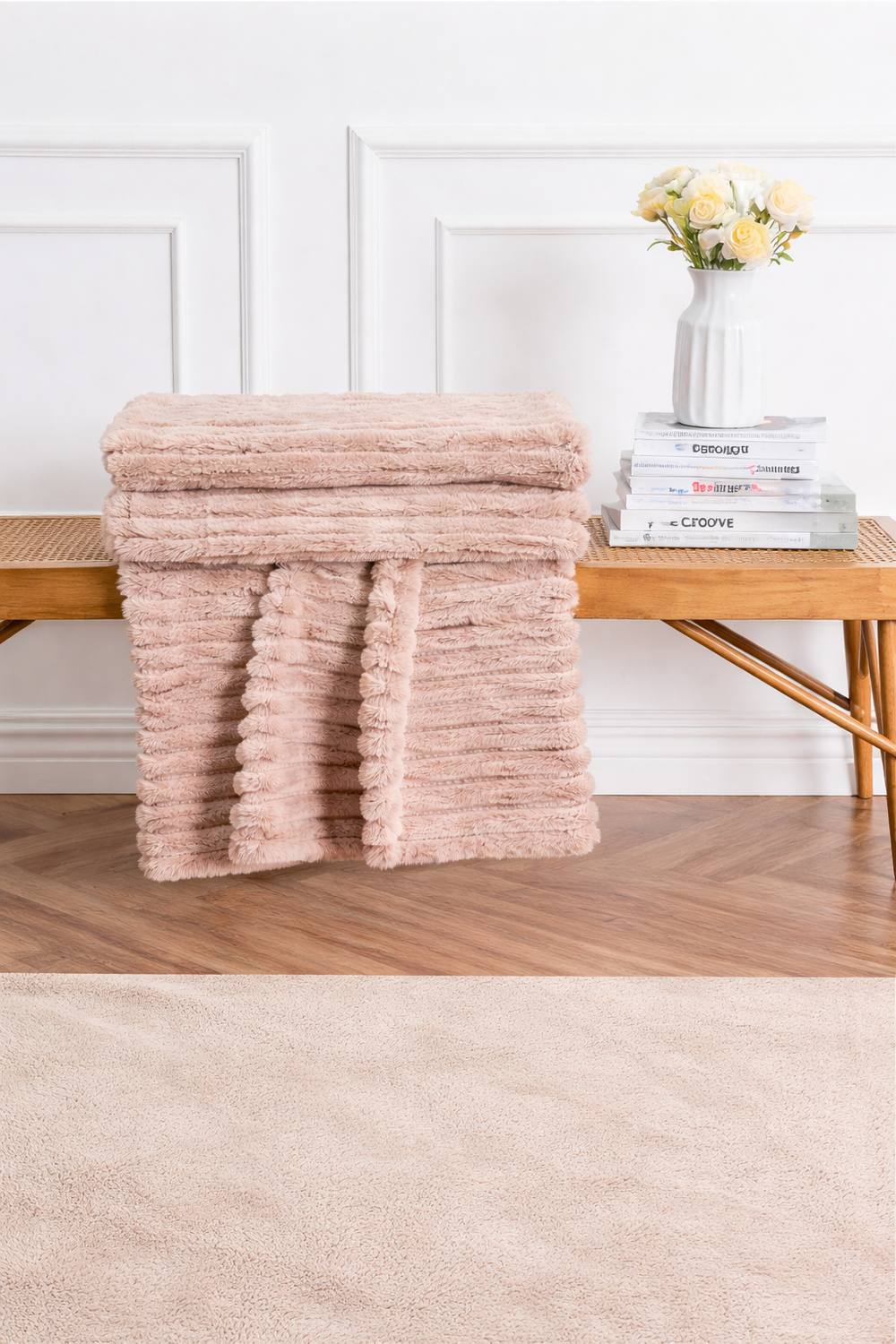 Dyzi Supersoft Ribbed Fleece Throw Blanket for Couch & Bed - Cozy Jacquard Home Blanket in Light Brown