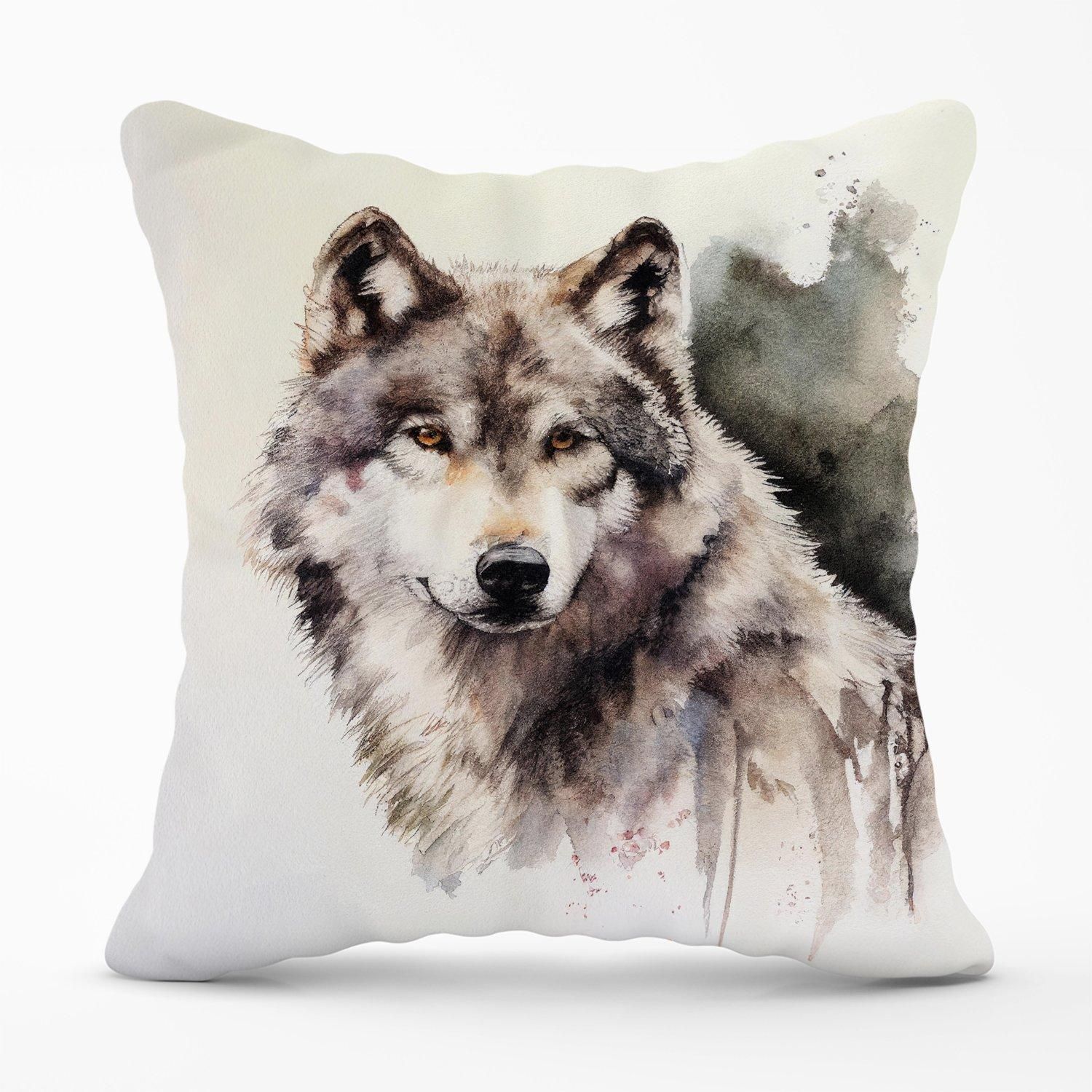 Warren Reed - Designer Loyal Wolf Watercolour Outdoor Cushion in Brown