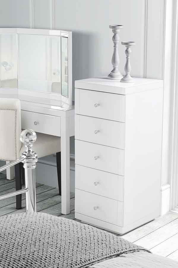 Julianna White Glass Tallboy Chest with 5 drawers