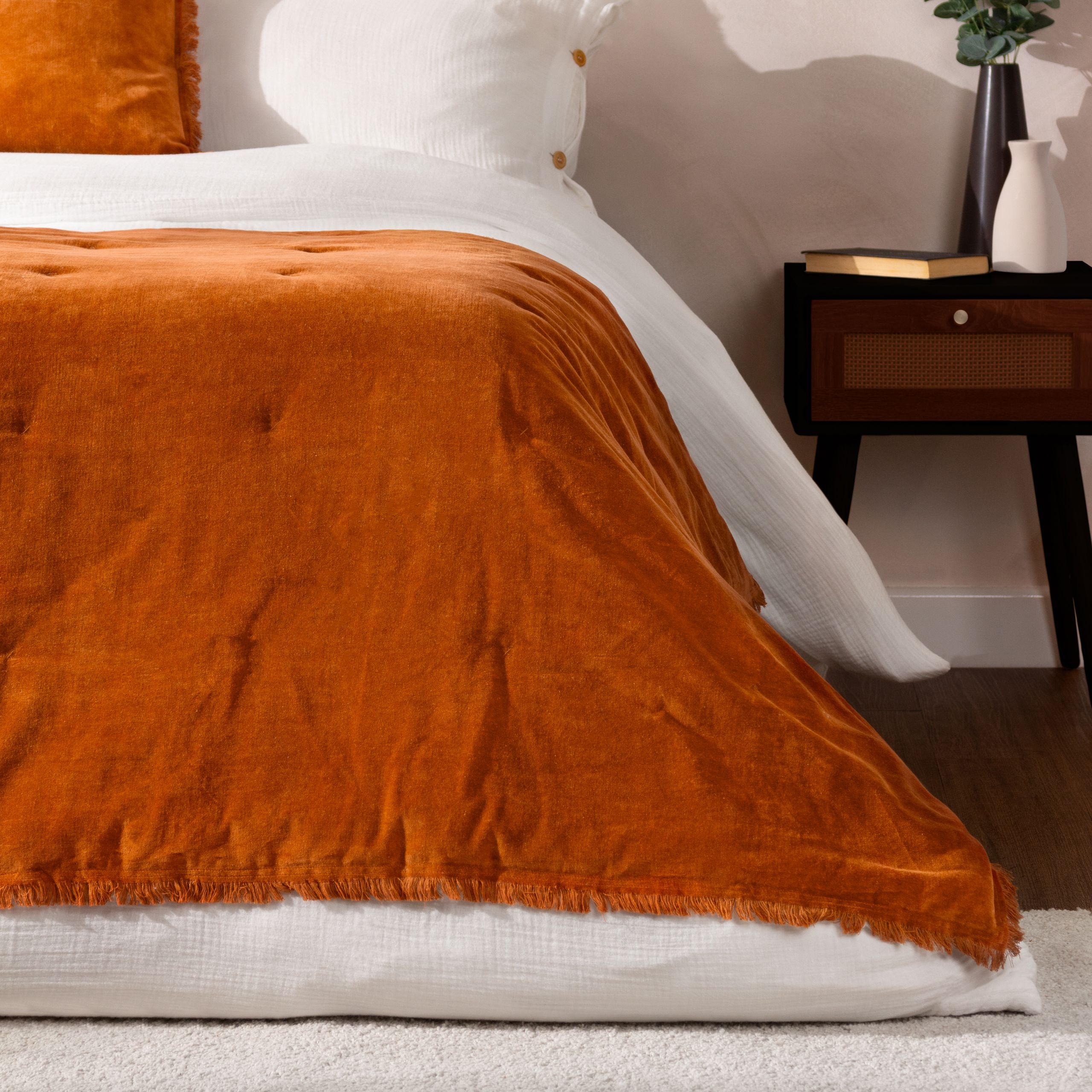 Yard Jaye Fringed Cotton Velvet Bedspread in Burnt Orange