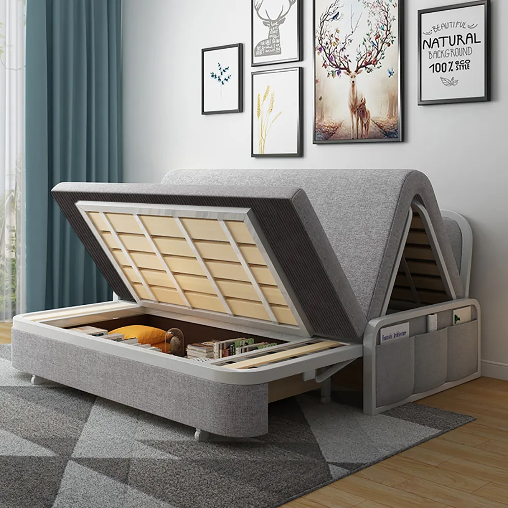 72" Modern Light Gray Cotton Linen Upholstered Convertible Sofa Bed with Storage