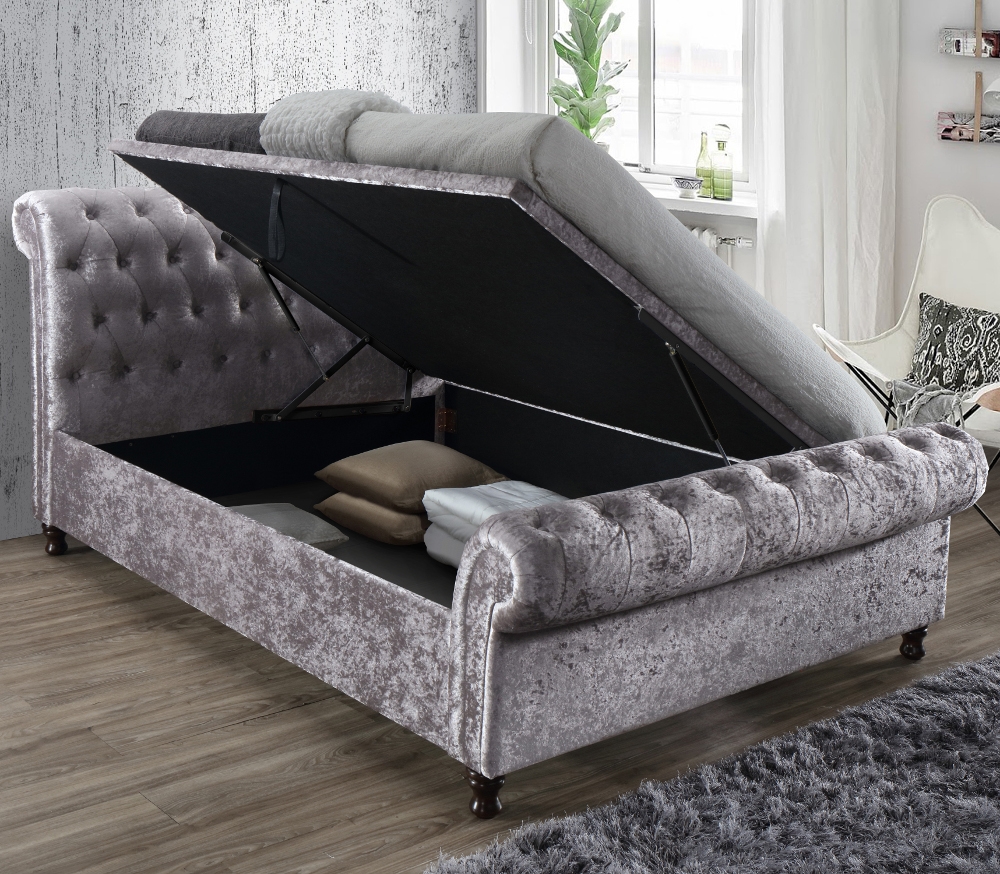 Castello Steel Fabric Ottoman Scroll Sleigh Bed - 4ft6 Double