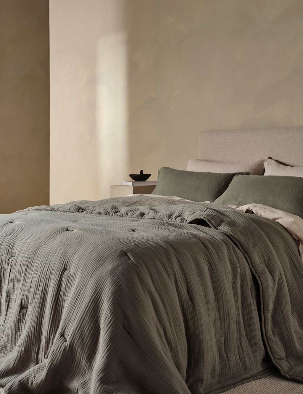 Bedfolk Pure Cotton Stitched Quilted Throw Khaki