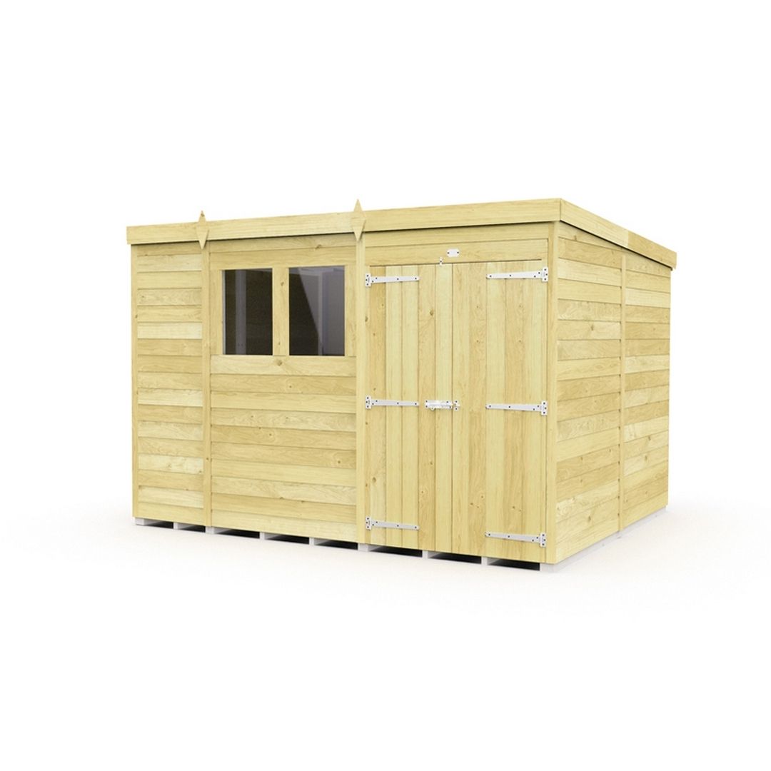 Buttercup Farm 10 x 8 Feet Pent Shed - Double Door W/ Windows - L231 x W302 x H201 cm in Brown