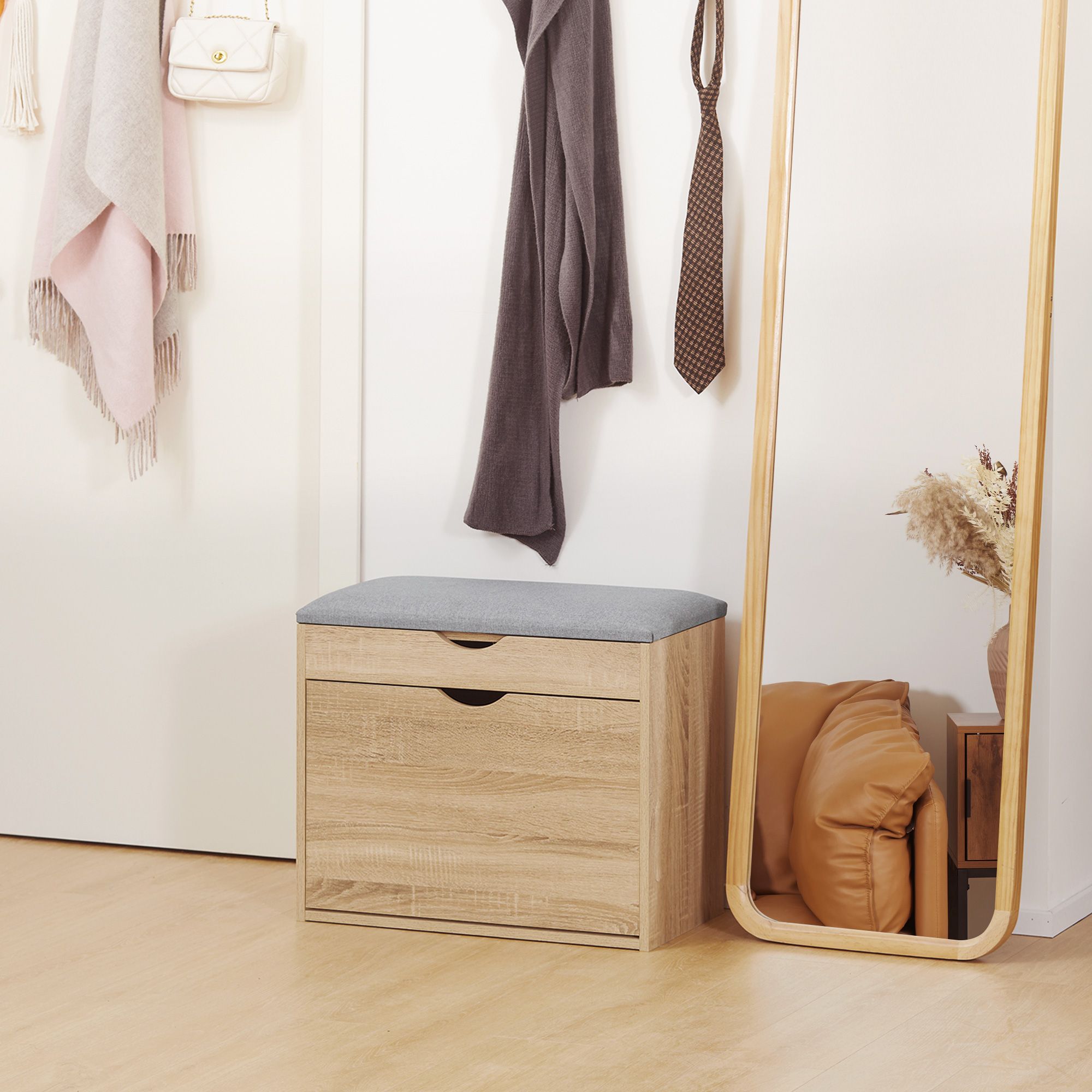 HOMCOM Upholstered Shoe Storage Bench with Flip-up Cabinet, Hidden Space in Natural