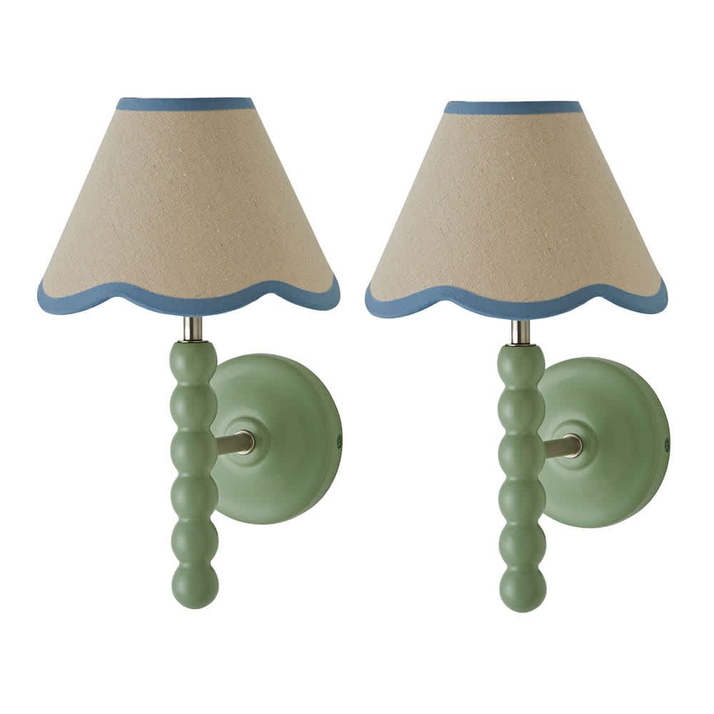 ValueLights Bobbins Pair of Green Wall Lights & Linen Pastel Trim Lamp Shades in Pale Blue