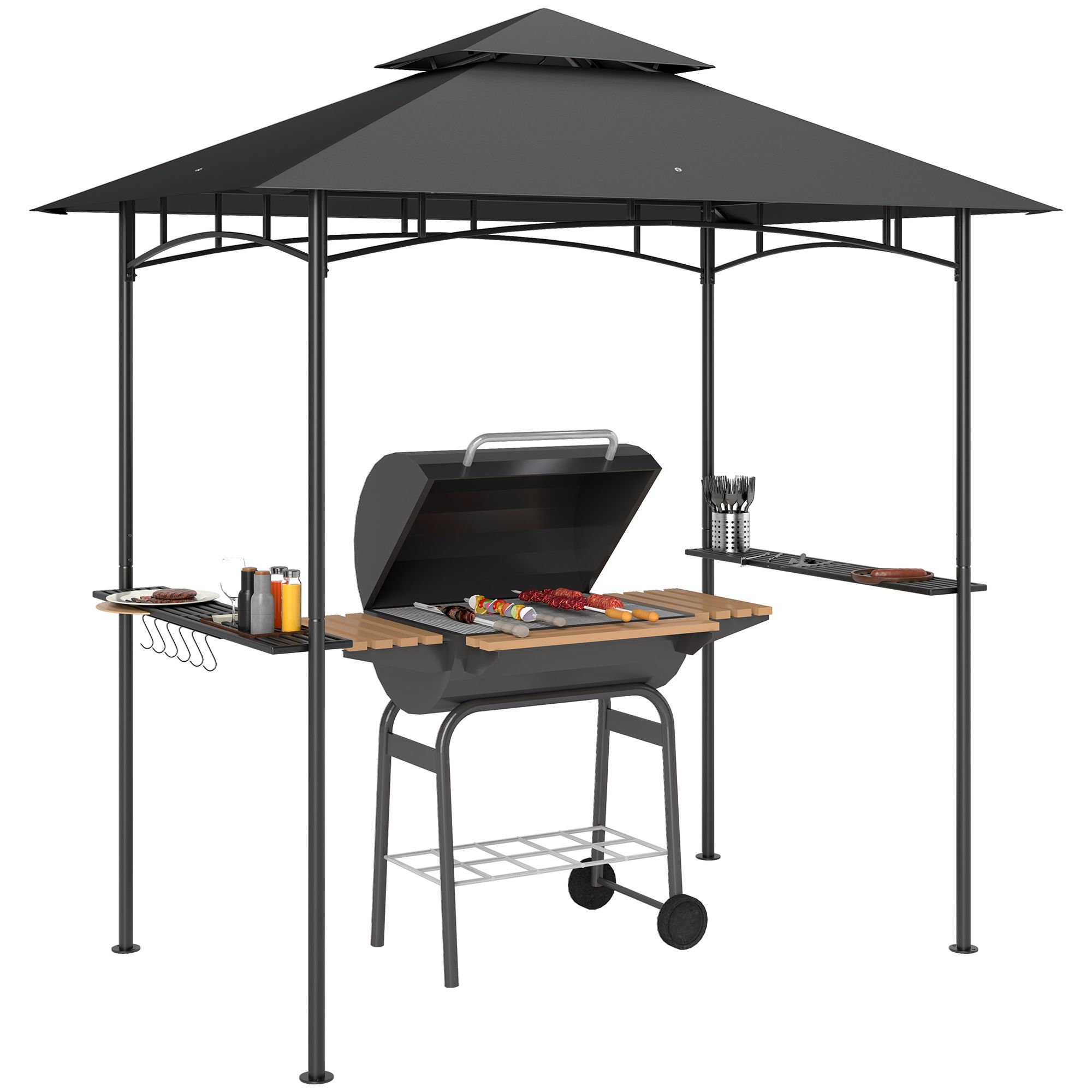OUTSUNNY 8' x 5' Double Tiered BBQ Gazebo Shelter with LED Lights in Dark Grey 2
