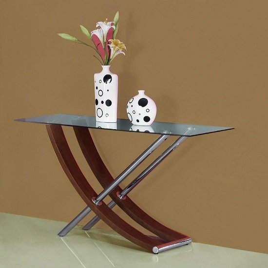 Gemini Clear Glass Top Console Table In Walnut And Chrome Base