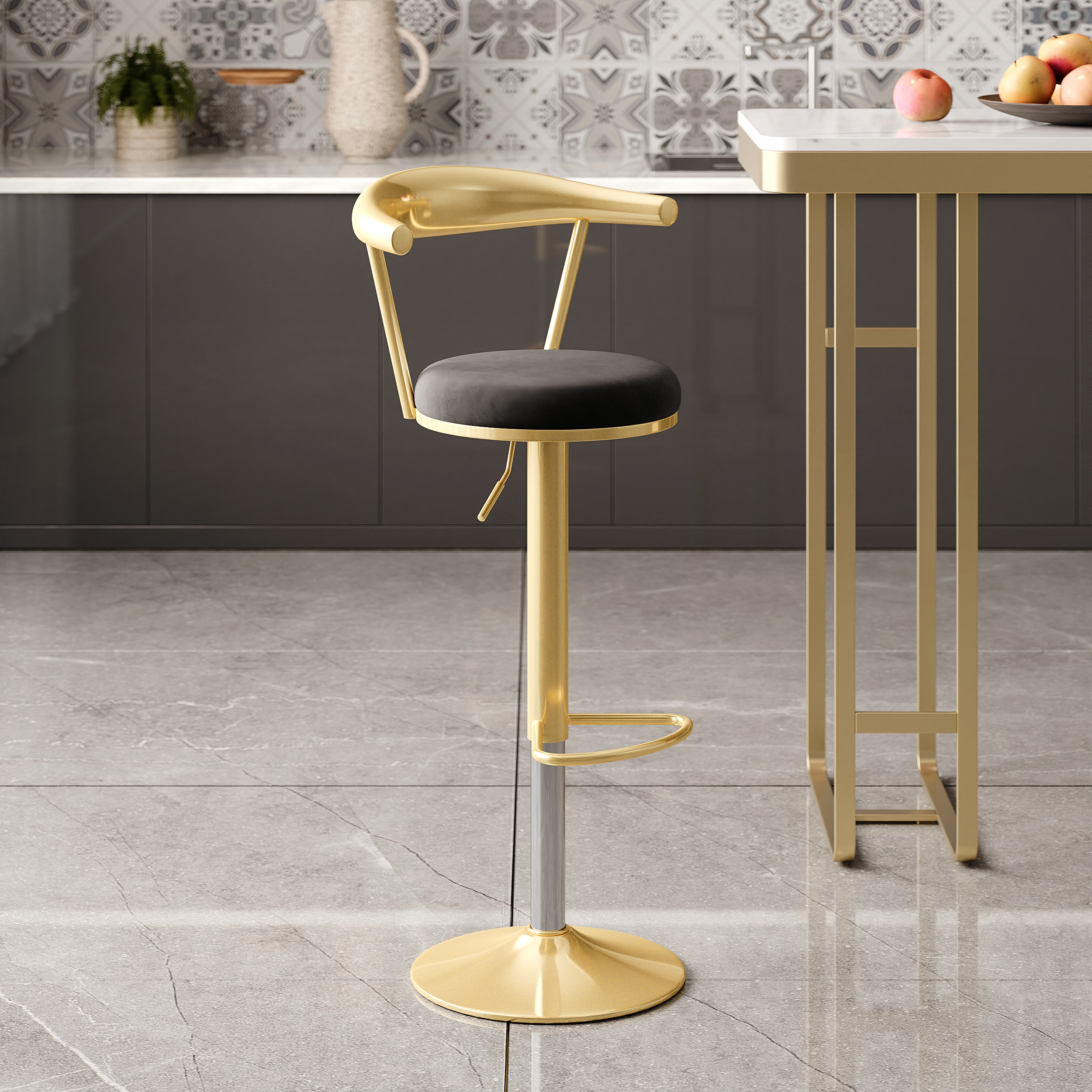 Modern Black Swivel & Adjustable Bar Height Stool with Backrest & Velvet Upholstery