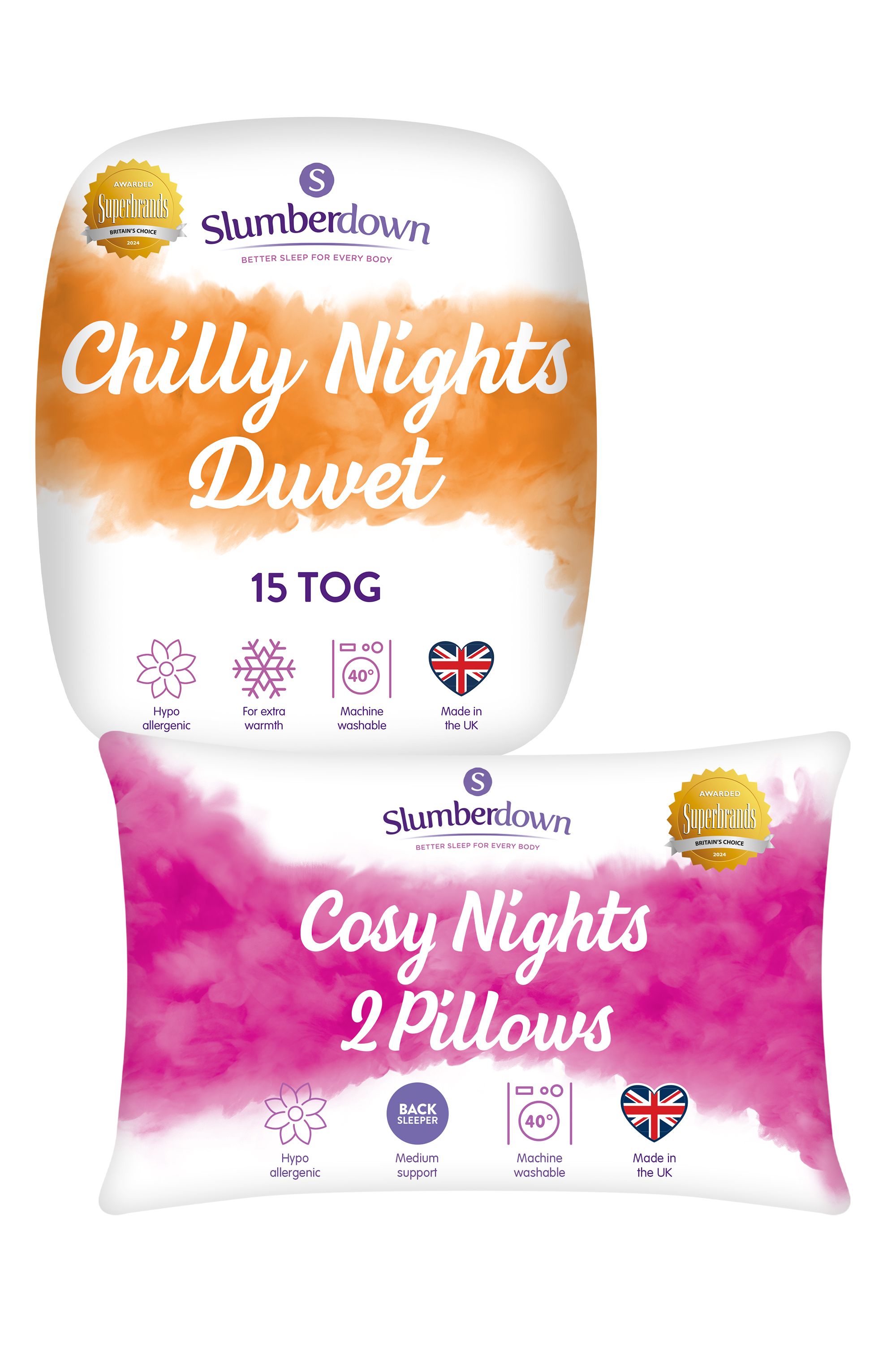 Slumberdown Chilly Nights 15 Tog Duvet, 2 Cosy Nights Pillows in White
