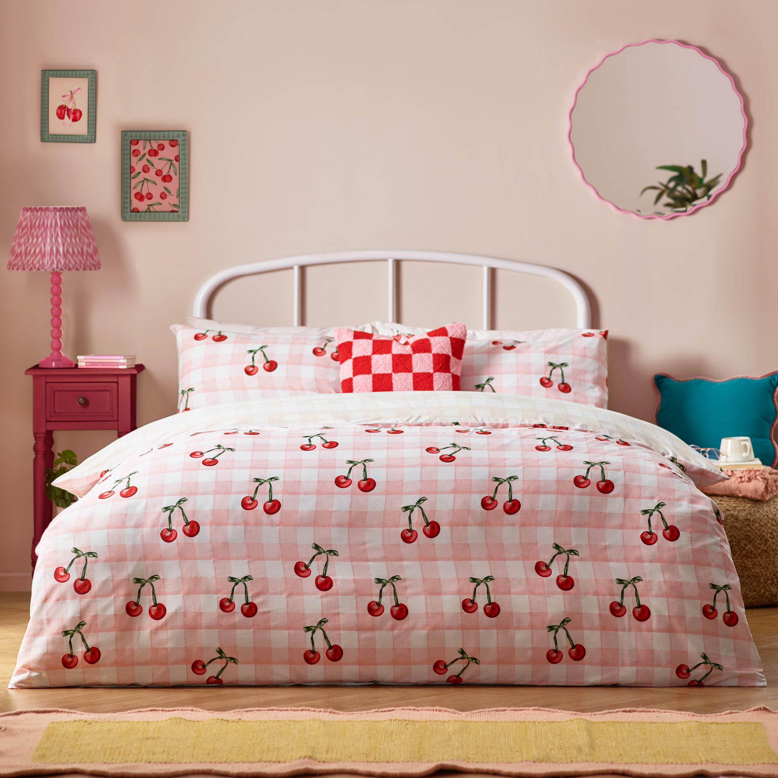 Heya Home Cherry Gingham Printed Duvet Cover Set in Pink