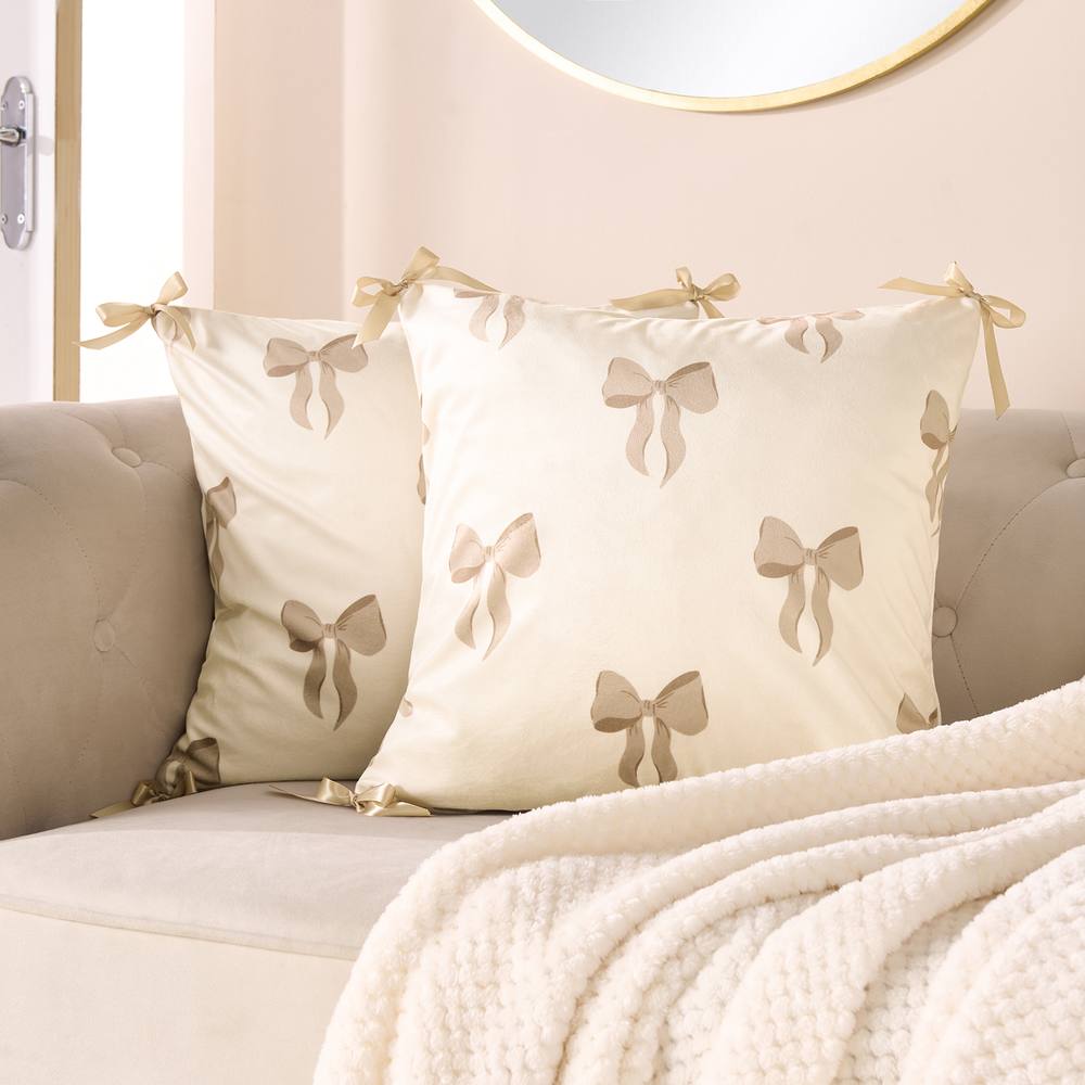OHS 2 x Bows Matte Velvet Cushion Covers Home Decor in Cream