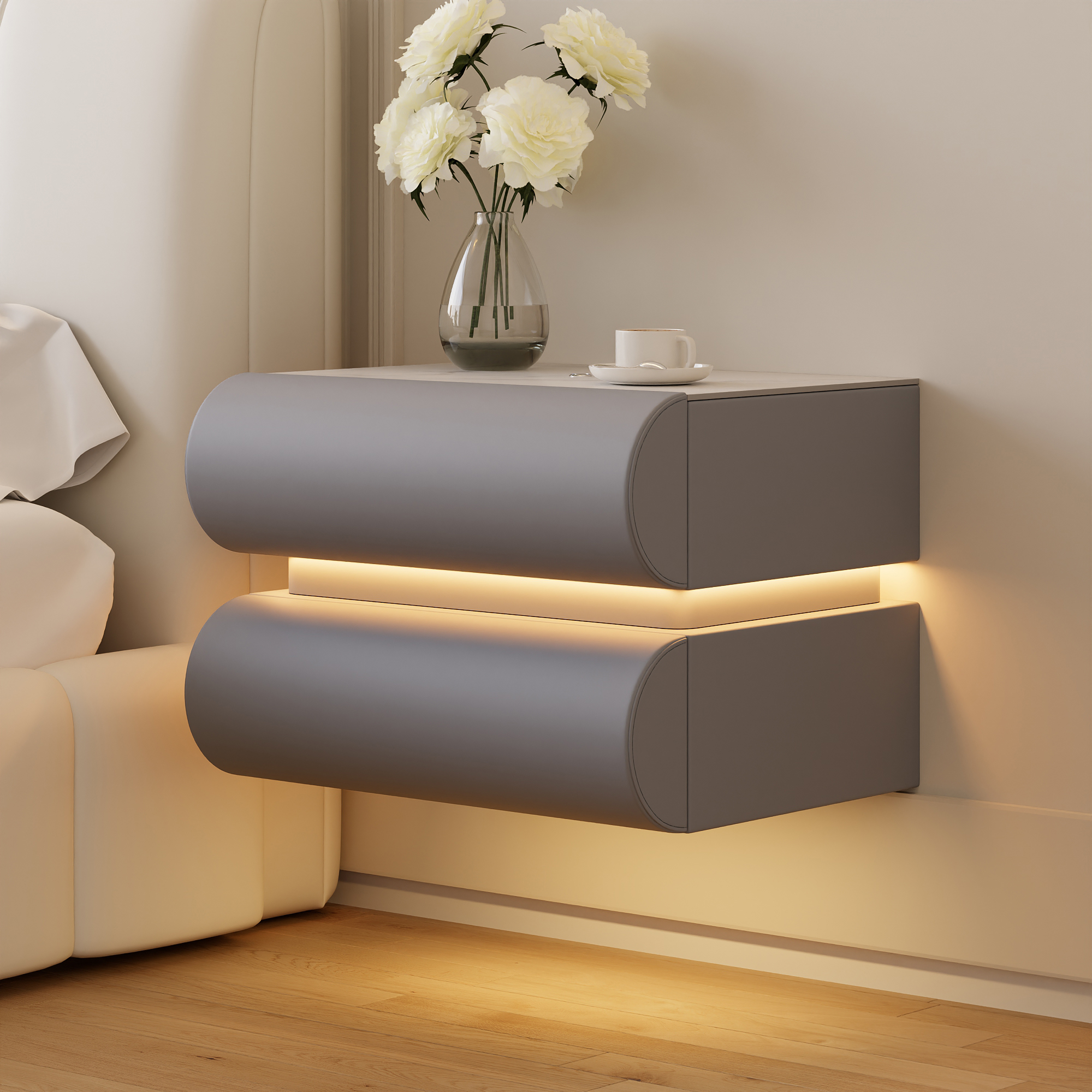 Humply Floating Leather 2-Drawer Smart LED Nightstand with Sintered Stone Top